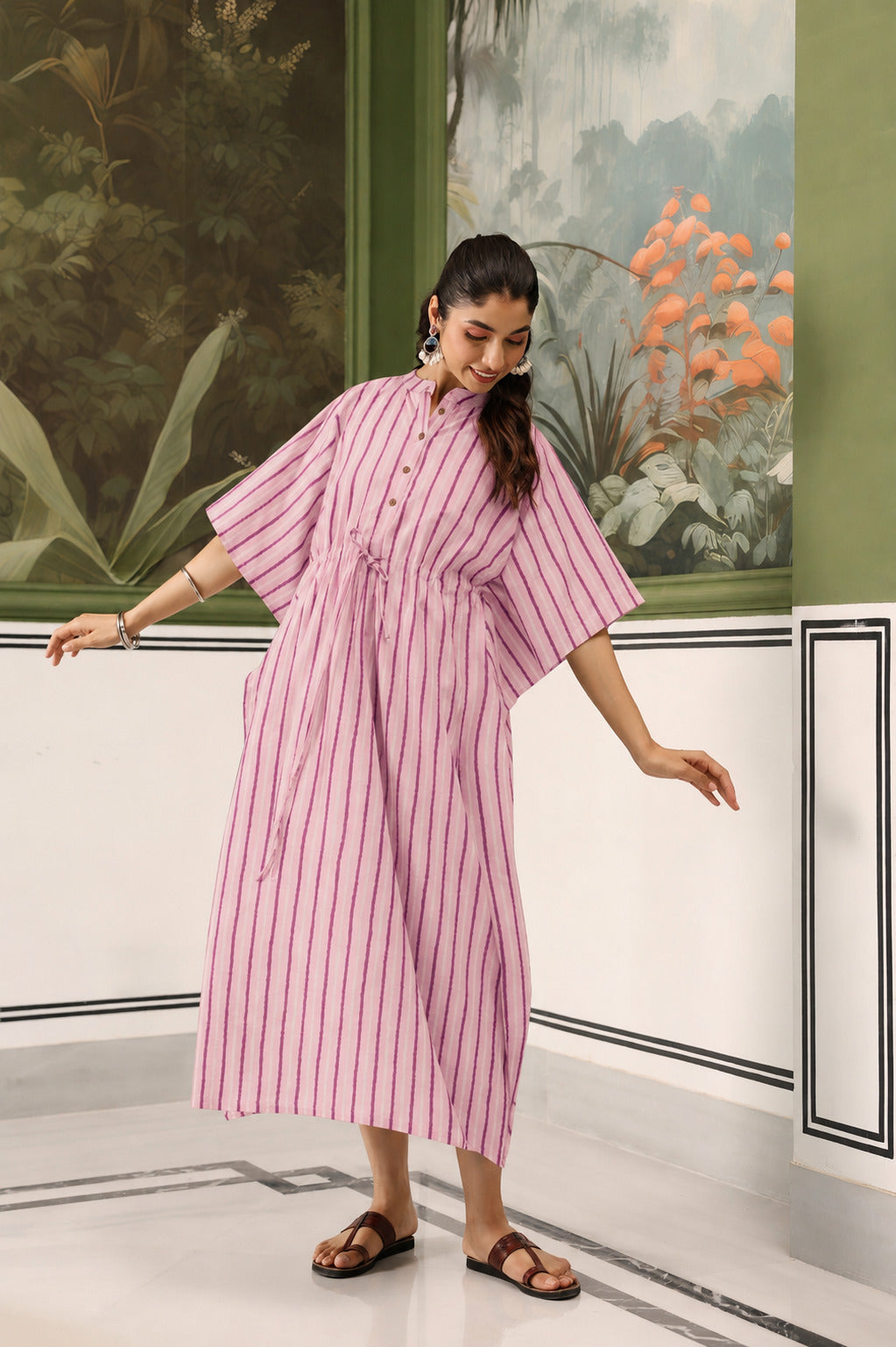 Lilac Dream Striped Cotton Maternity - Nursing Kaftan ( One-Size )