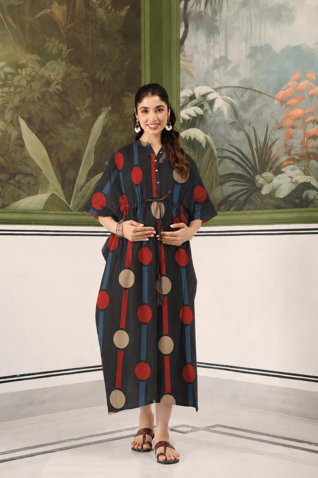 Black Geometric Ajrakh Cotton Maternity - Nursing Kaftan ( One-Size )