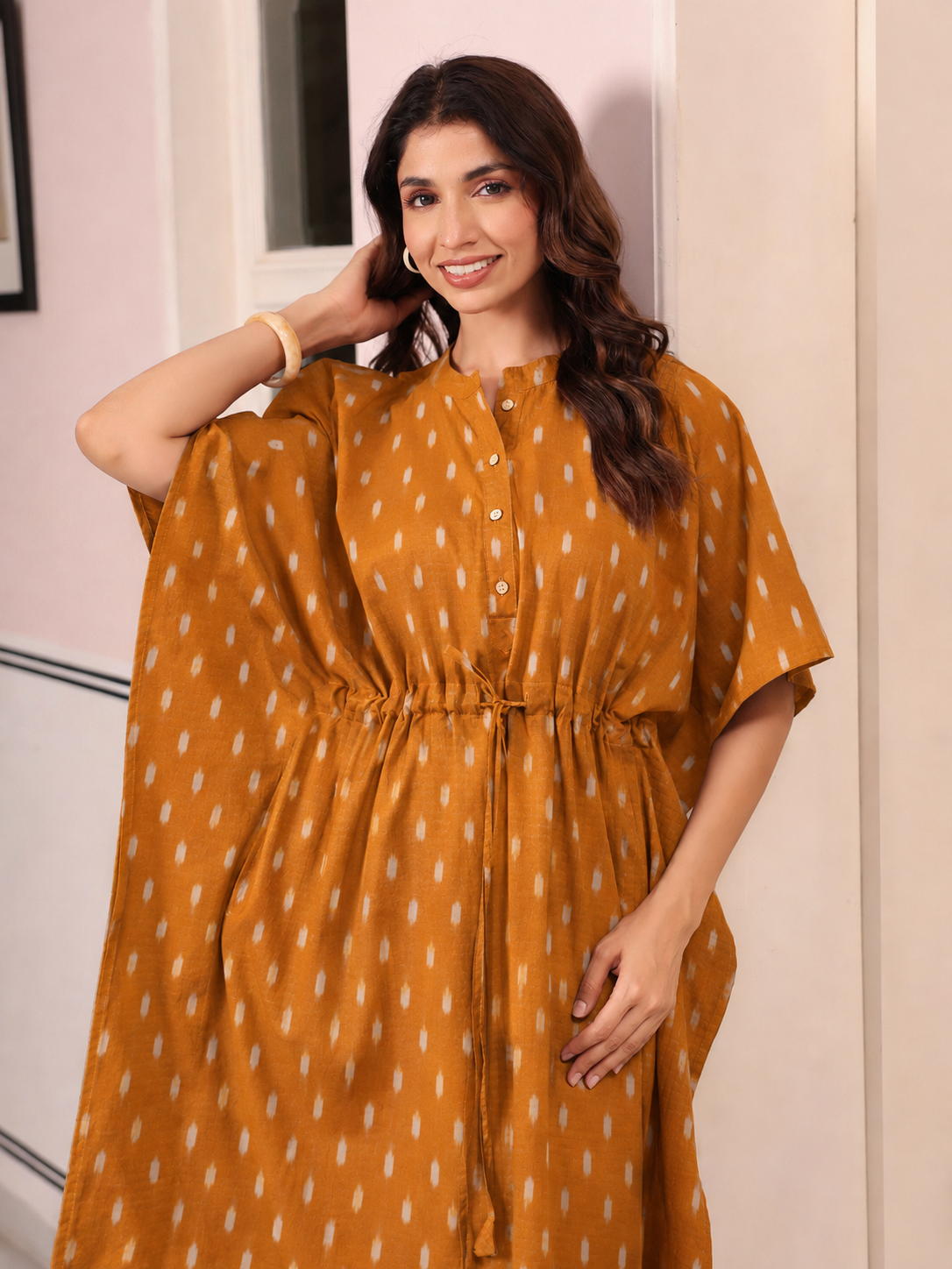 Mustard Loom Print Cotton Kaftan ( One-Size )