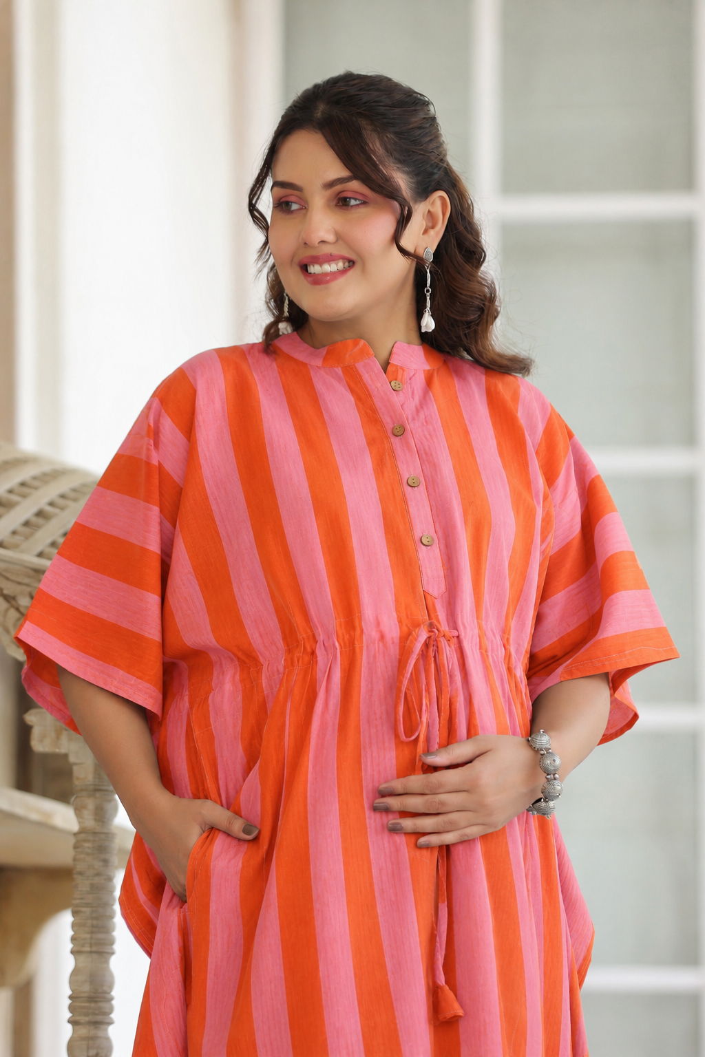 Flamingo Flame Cotton Maternity - Nursing Kaftan ( One-Size )