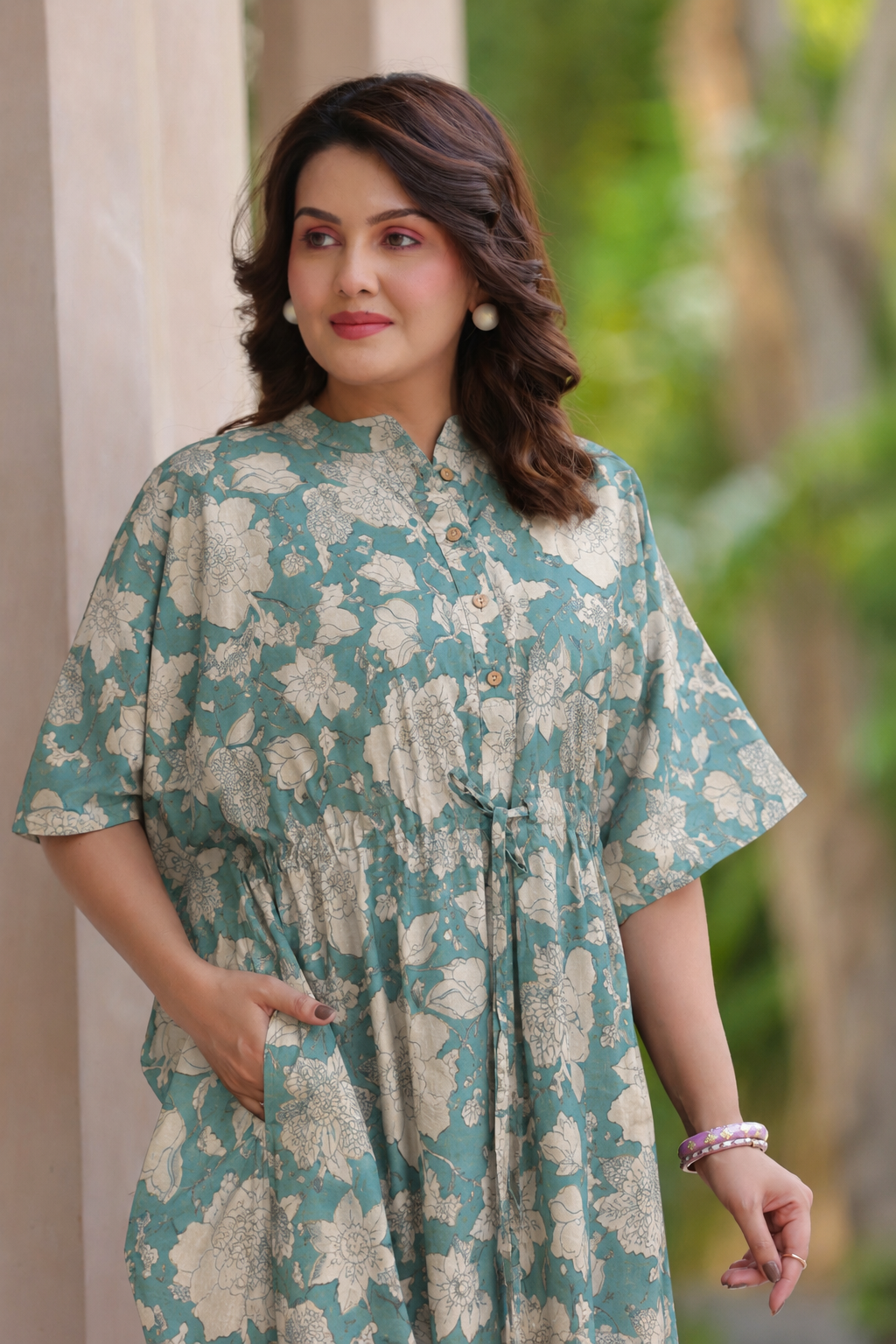 Teal Gardenia Cotton Kaftan ( One-Size )