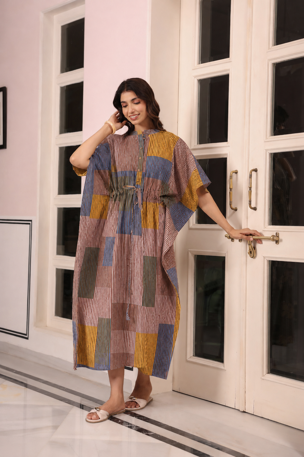 Ocean Blue Multi Panelled Cotton Kaftan ( One-Size )