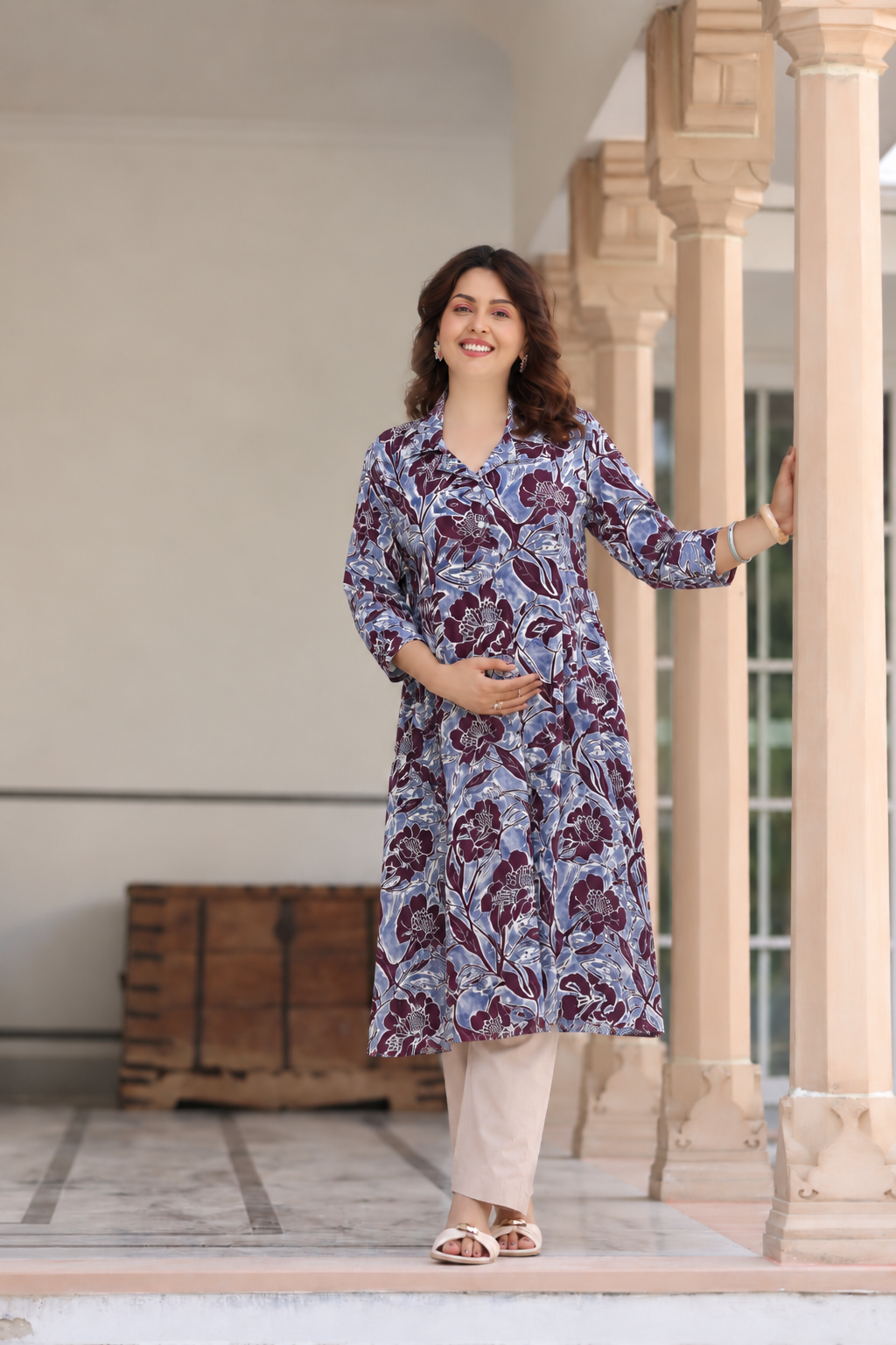 Wine Blossom Cotton Maternity - Nursing Kurti