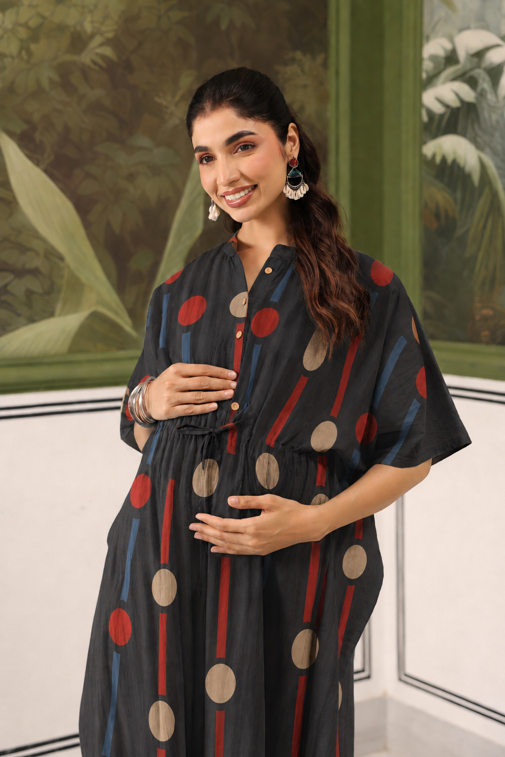 Black Geometric Ajrakh Cotton Maternity - Nursing Kaftan ( One-Size )