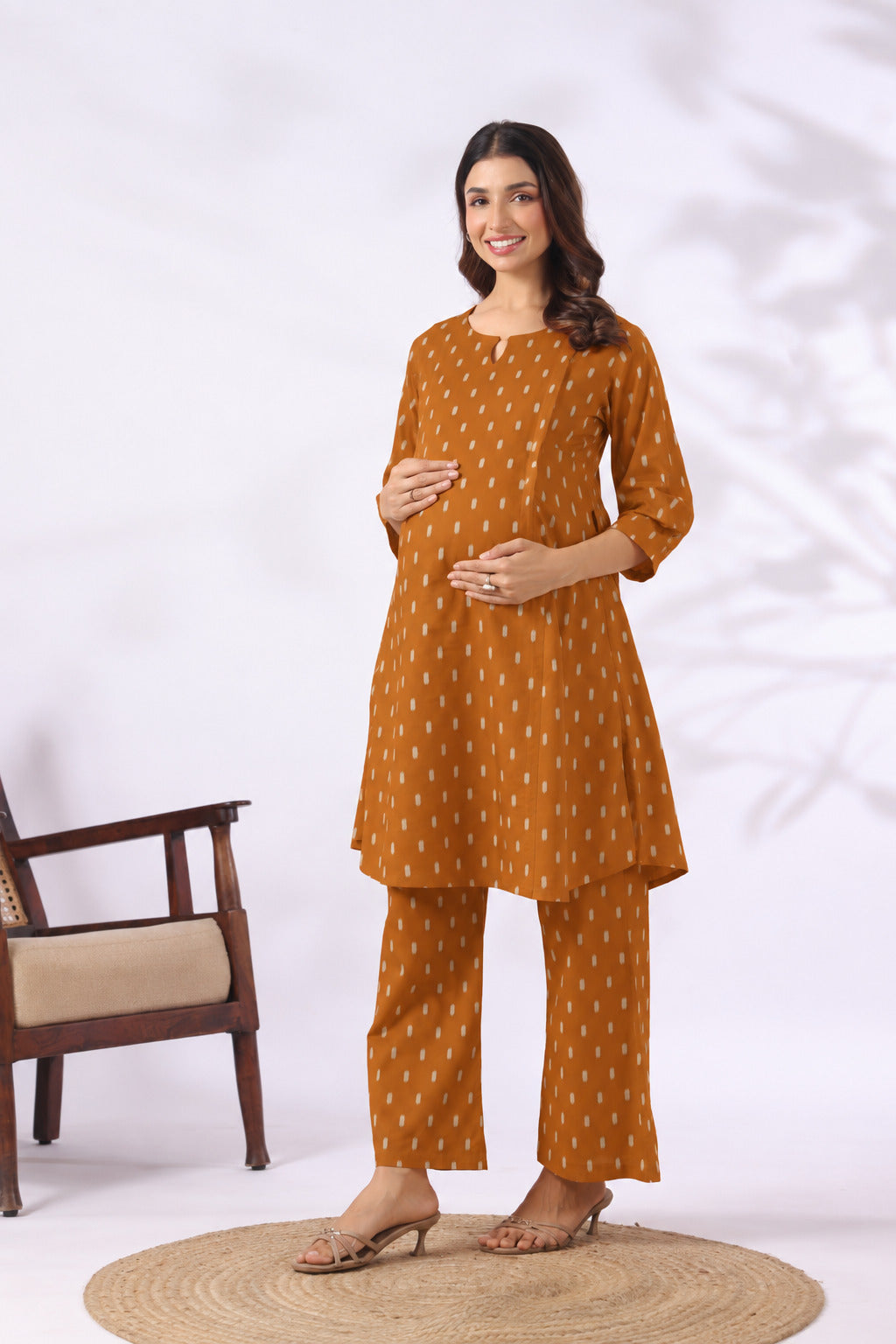 Mustard Loom Print Cotton Maternity - Nursing Co-ord Set
