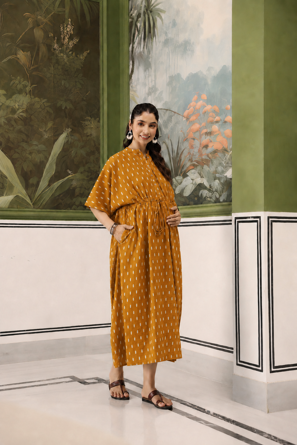 Mustard Loom Print Cotton Maternity - Nursing Kaftan ( One-Size )