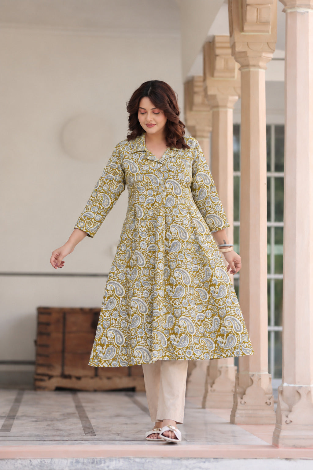 Olive Paisley Cotton Maternity - Nursing Kurti