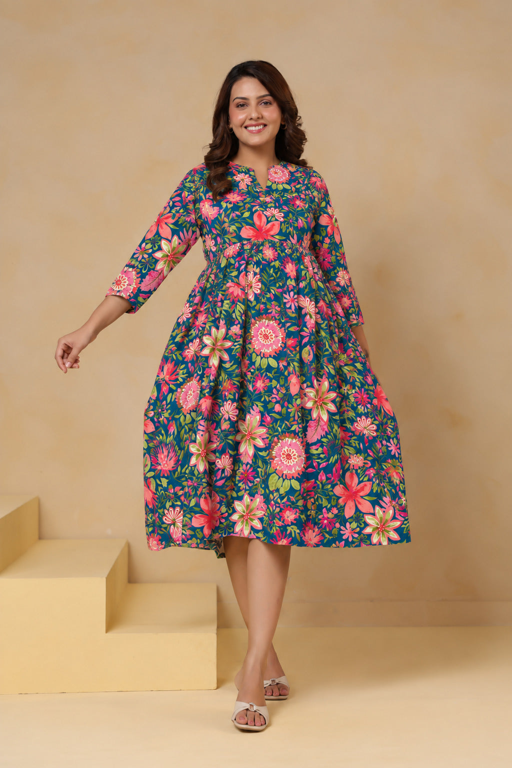Teal Blossom Garden Cotton Maternity - Nursing Dress