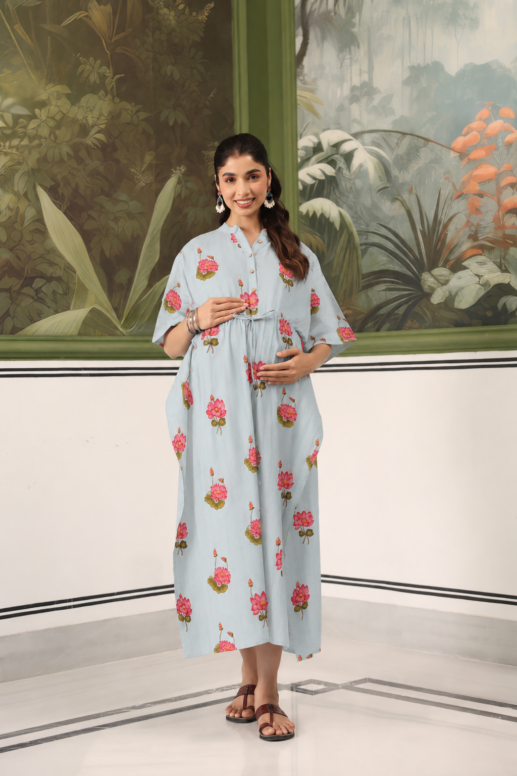 Vintage Lotus Pond Cotton Maternity - Nursing Kaftan ( One-Size )