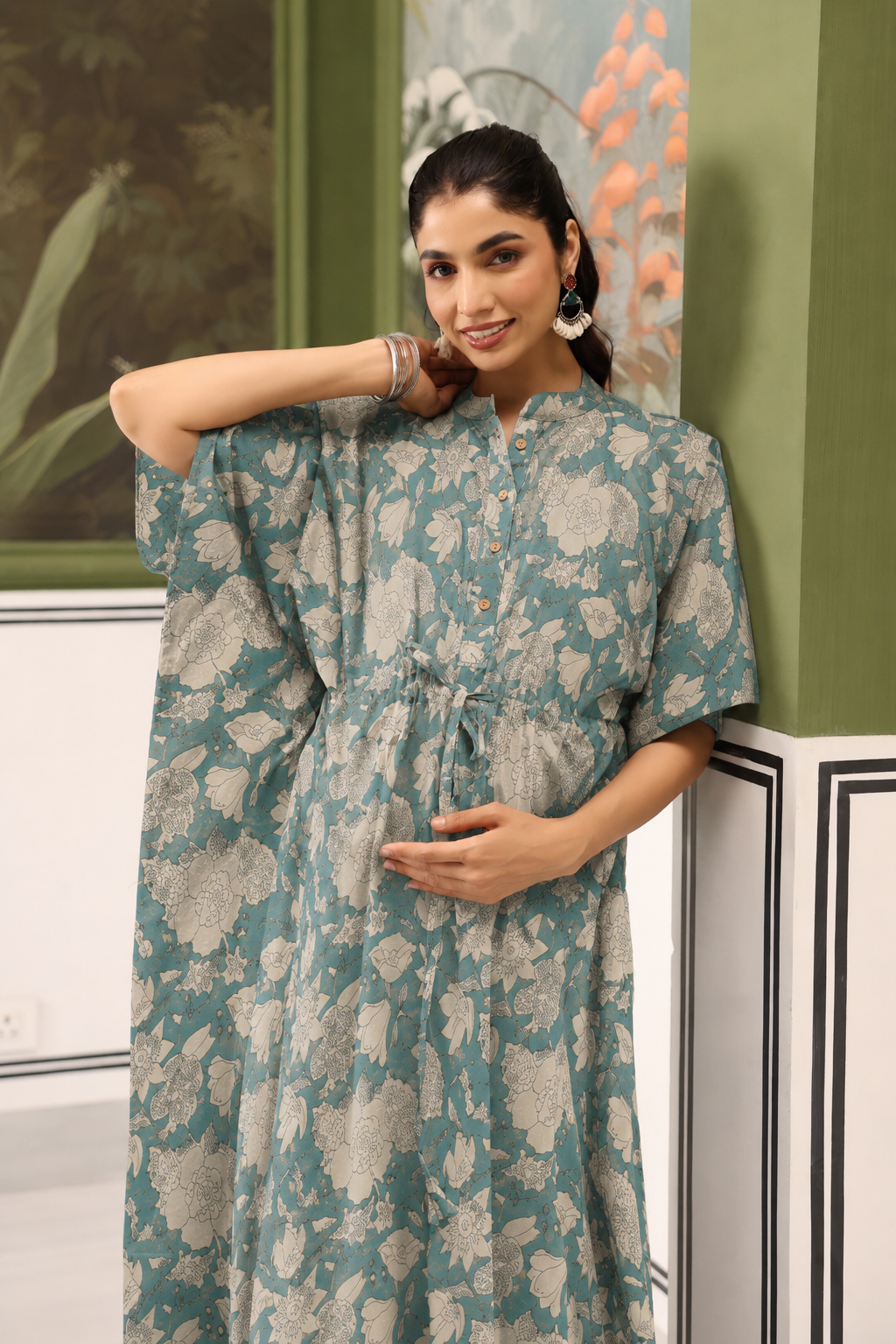 Teal Gardenia Cotton Maternity - Nursing Kaftan ( One-Size )