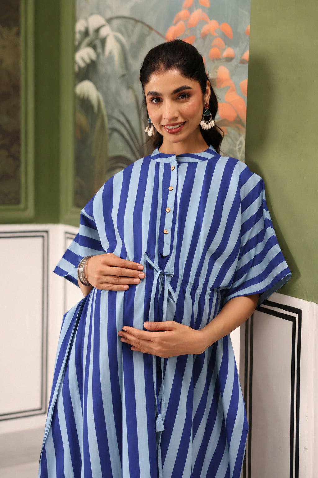 Ocean Lines Cotton Maternity - Nursing Kaftan ( One-Size )