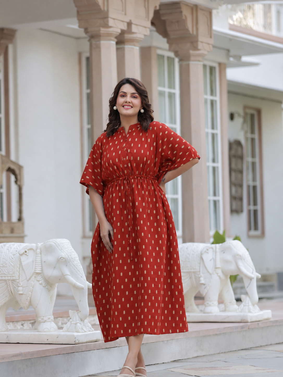 Maroon Loom Print Cotton Kaftan ( One-Size )