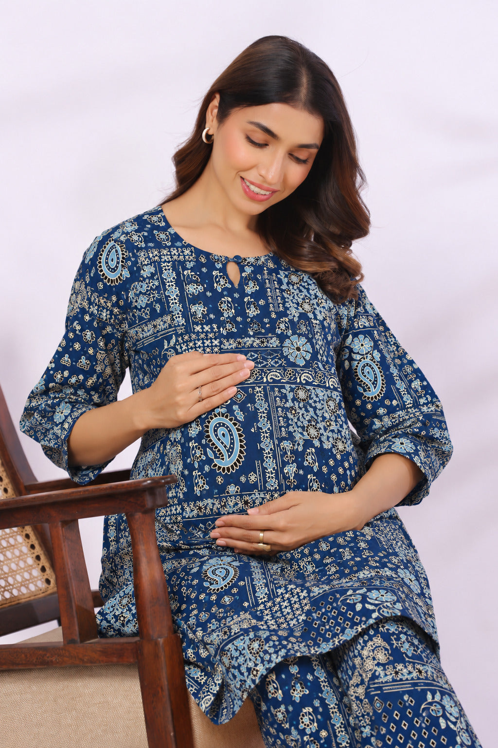Indigo Folk Patch Cotton Maternity - Nursing Co-ord Set