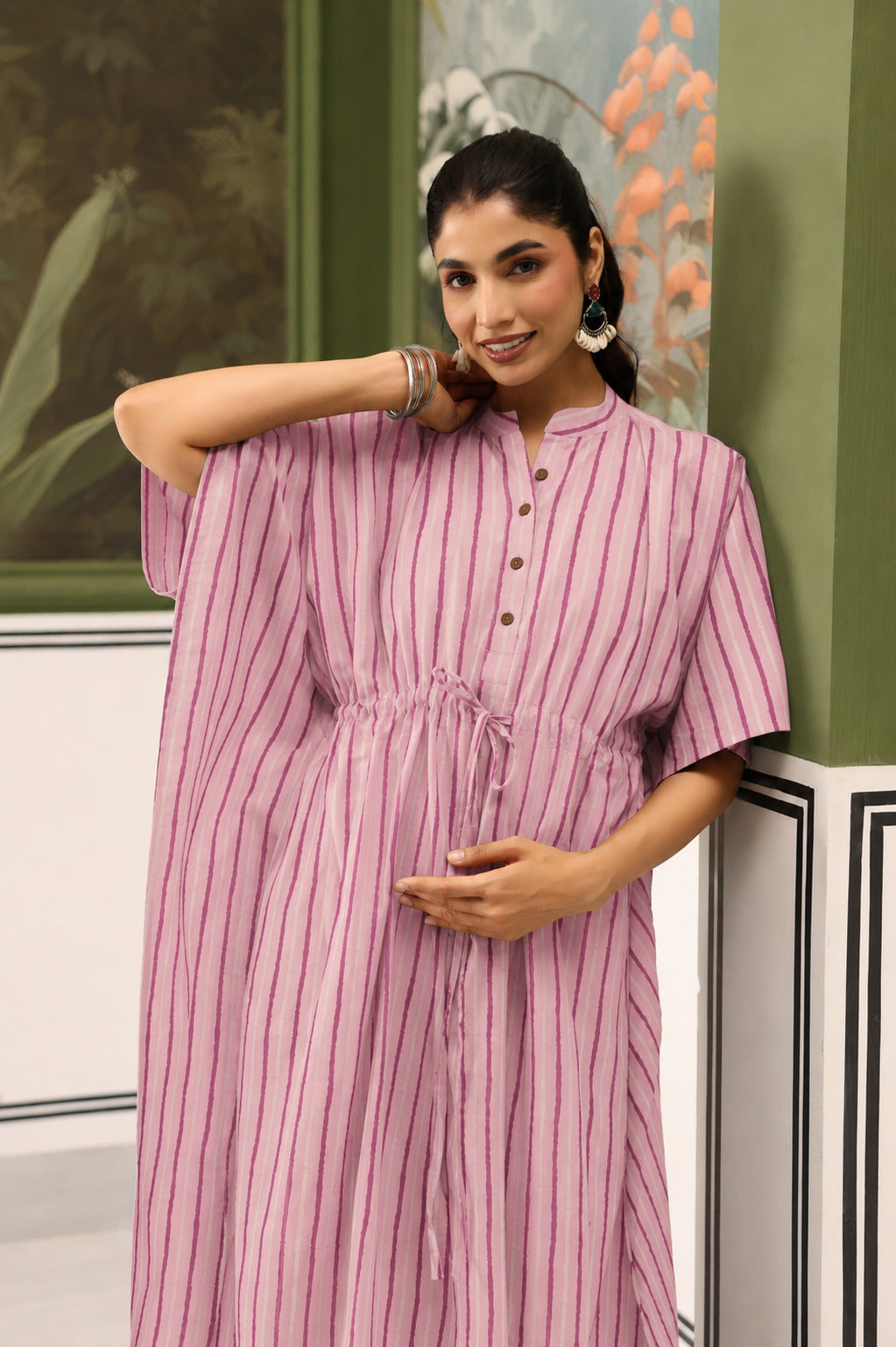 Lilac Dream Striped Cotton Maternity - Nursing Kaftan ( One-Size )