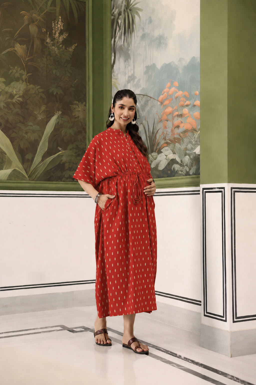 Maroon Loom Print Cotton Maternity - Nursing Kaftan ( One-Size )