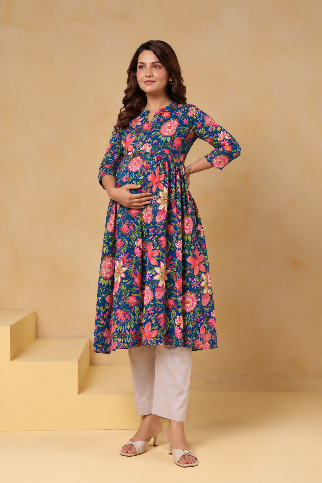 Teal Blossom Garden Cotton Maternity - Nursing Kurti