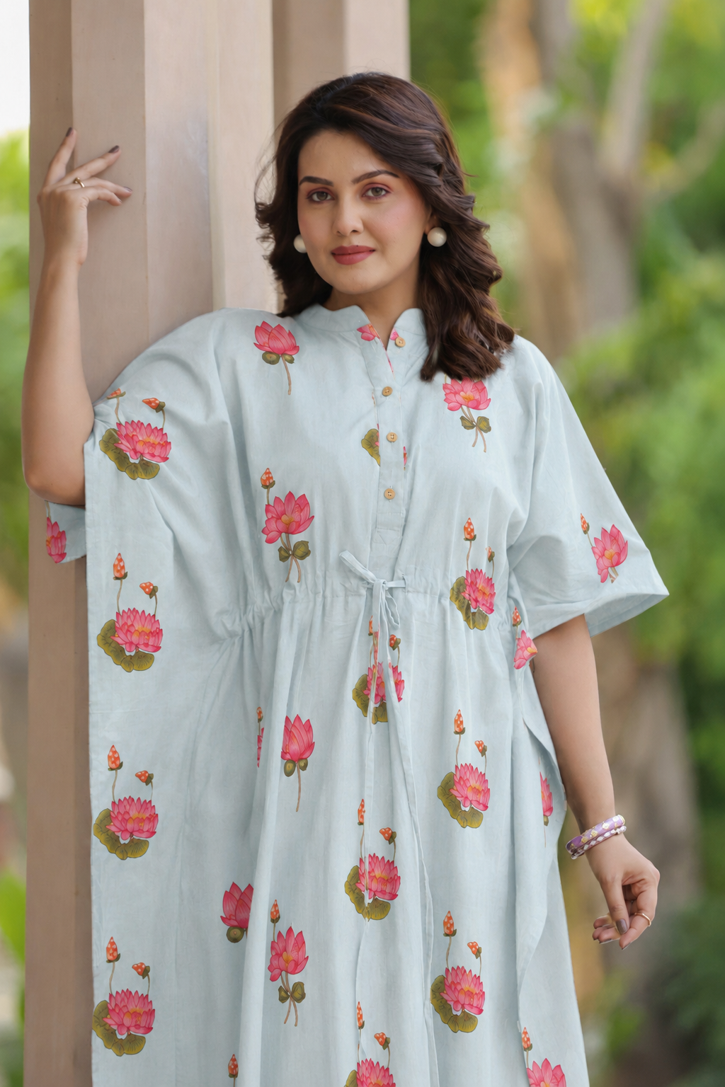 Vintage Lotus Pond Cotton Kaftan ( One-Size )