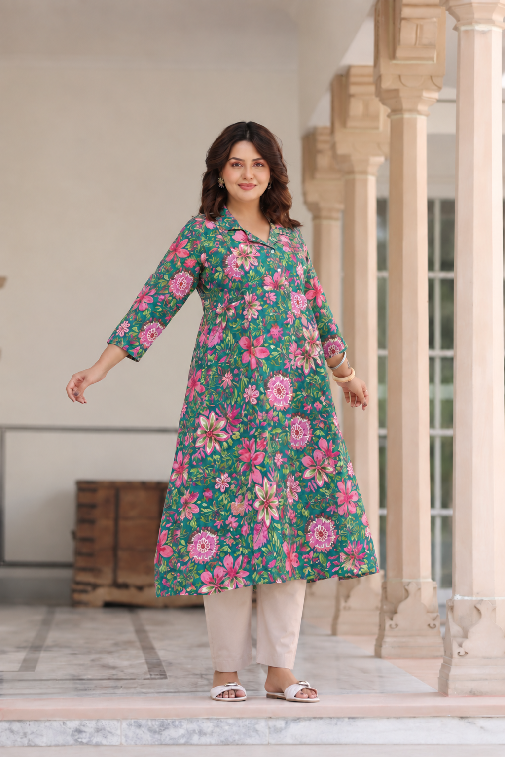 Emerald Bloom Cotton Maternity - Nursing Kurti