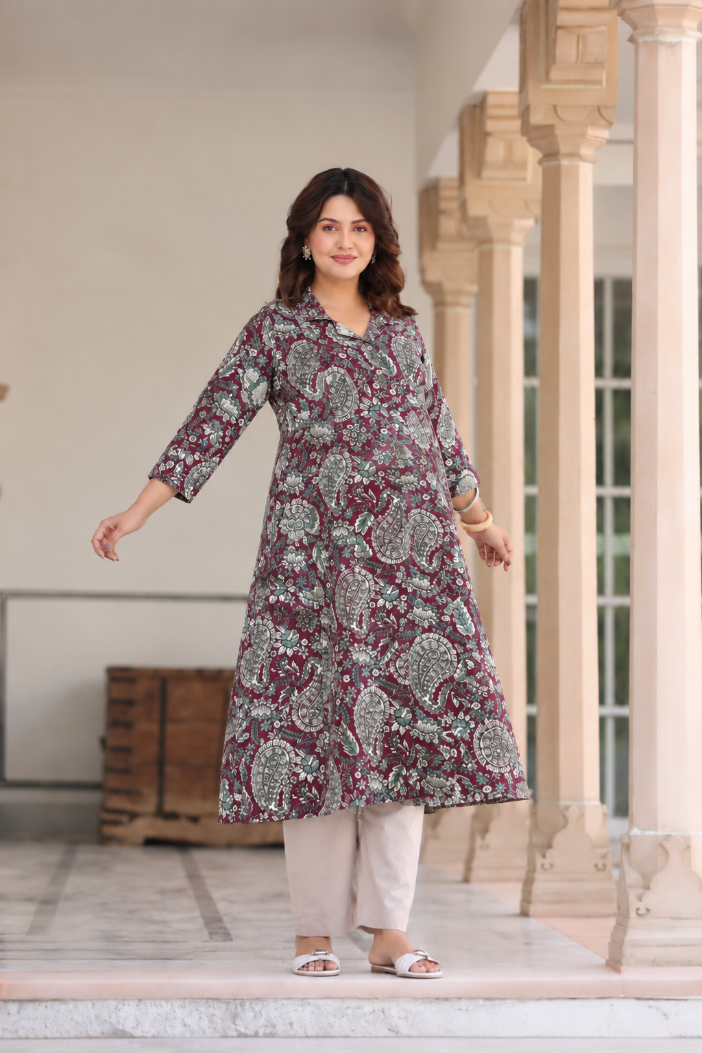 Burgundy Jaal Cotton Maternity - Nursing Kurti