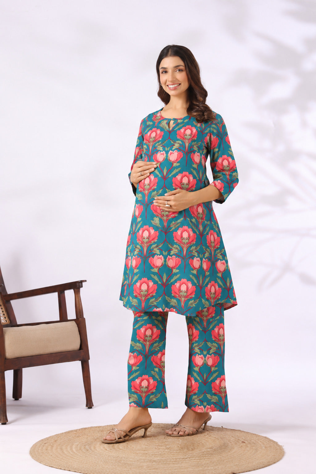 Gulbahar Teal Cotton Maternity - Nursing Co-ord Set