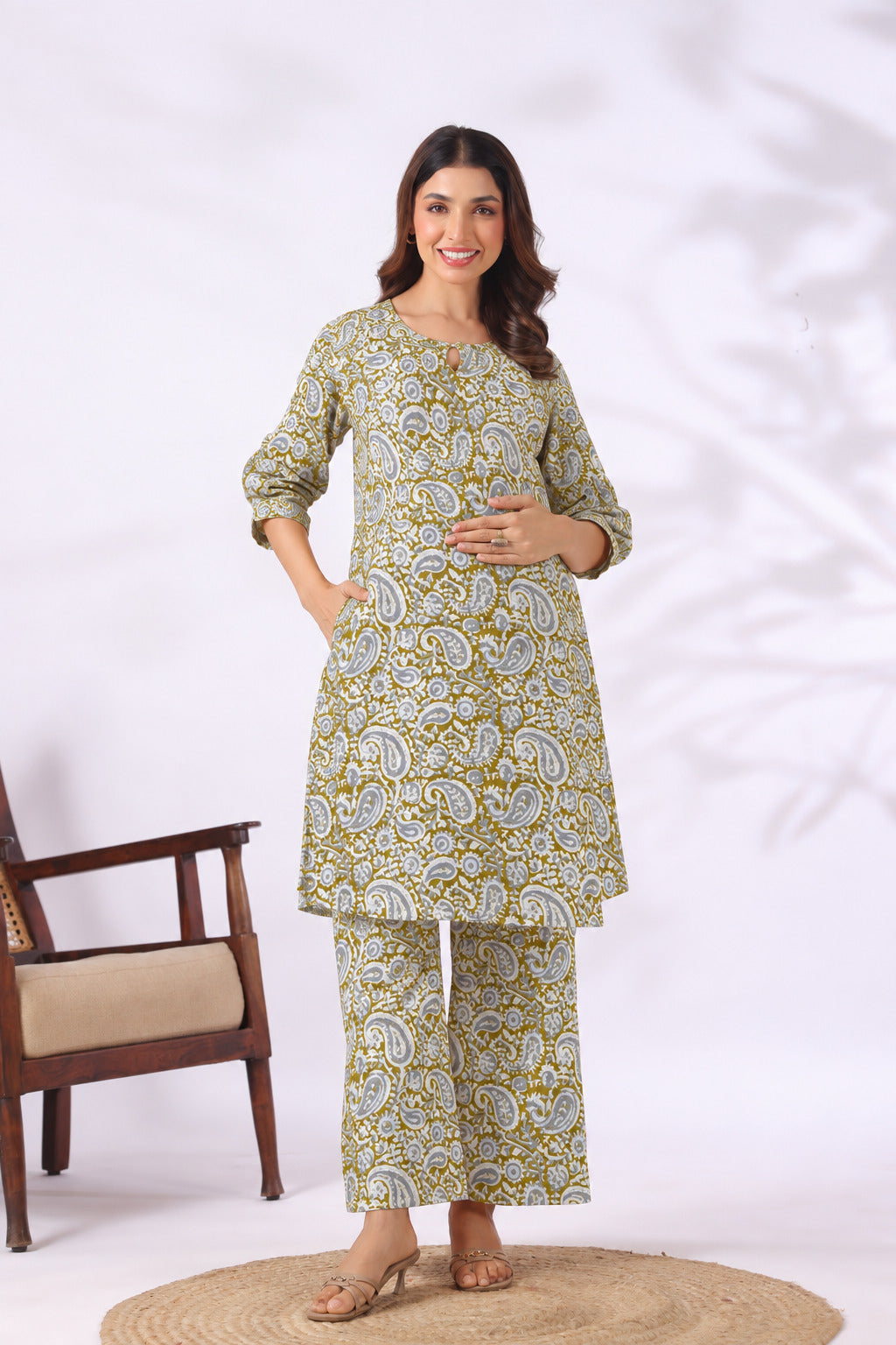 Olive Paisley Cotton Maternity - Nursing Co-ord Set