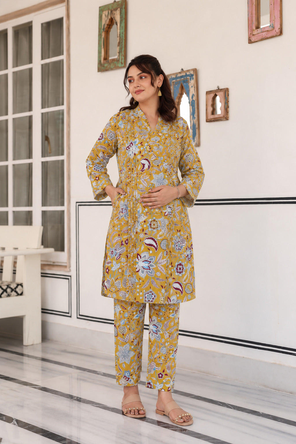Golden Petals Cotton Maternity - Nursing Co-ord Set