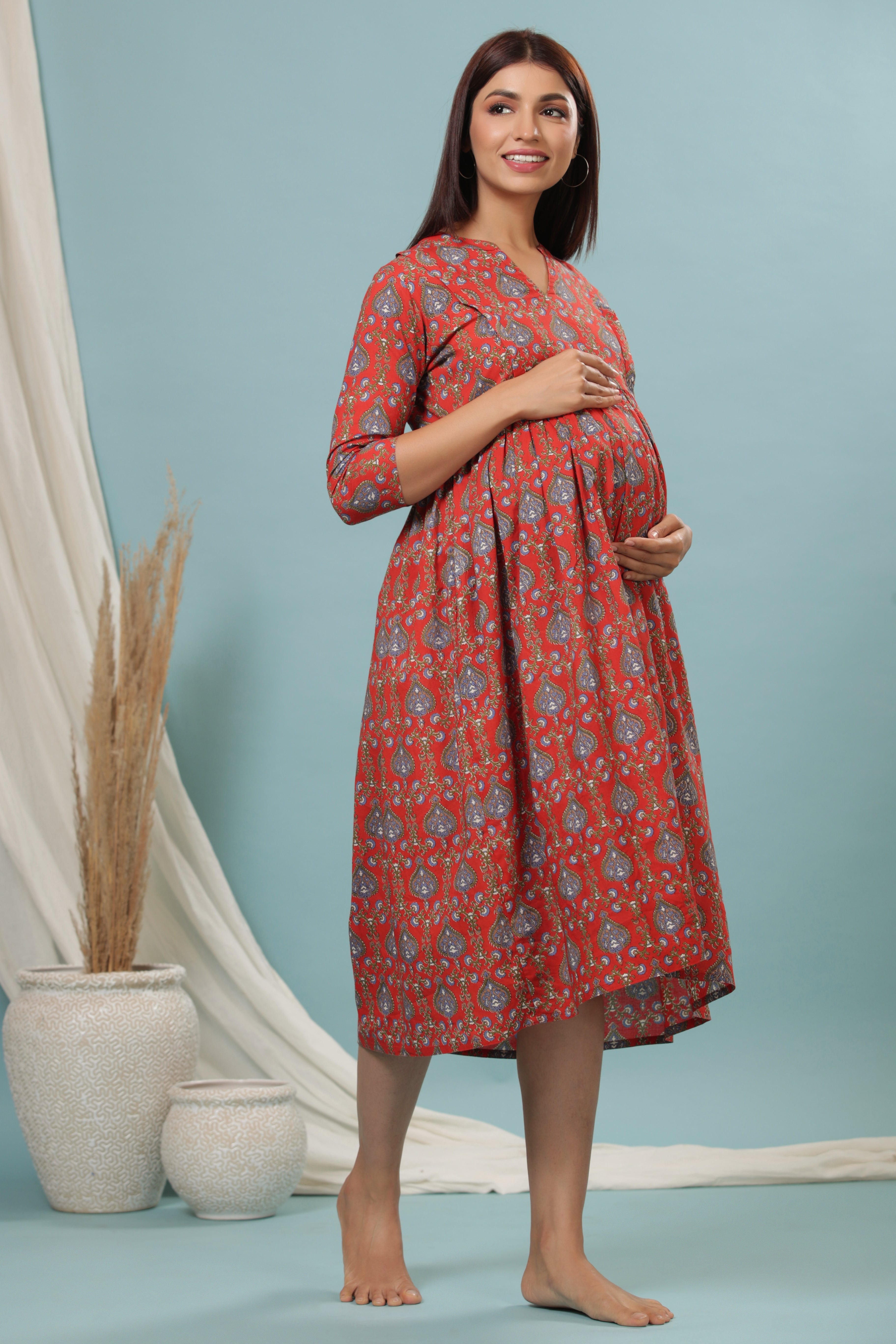 CRIMSON RED COTTON MATERNITY - NURSING DRESS