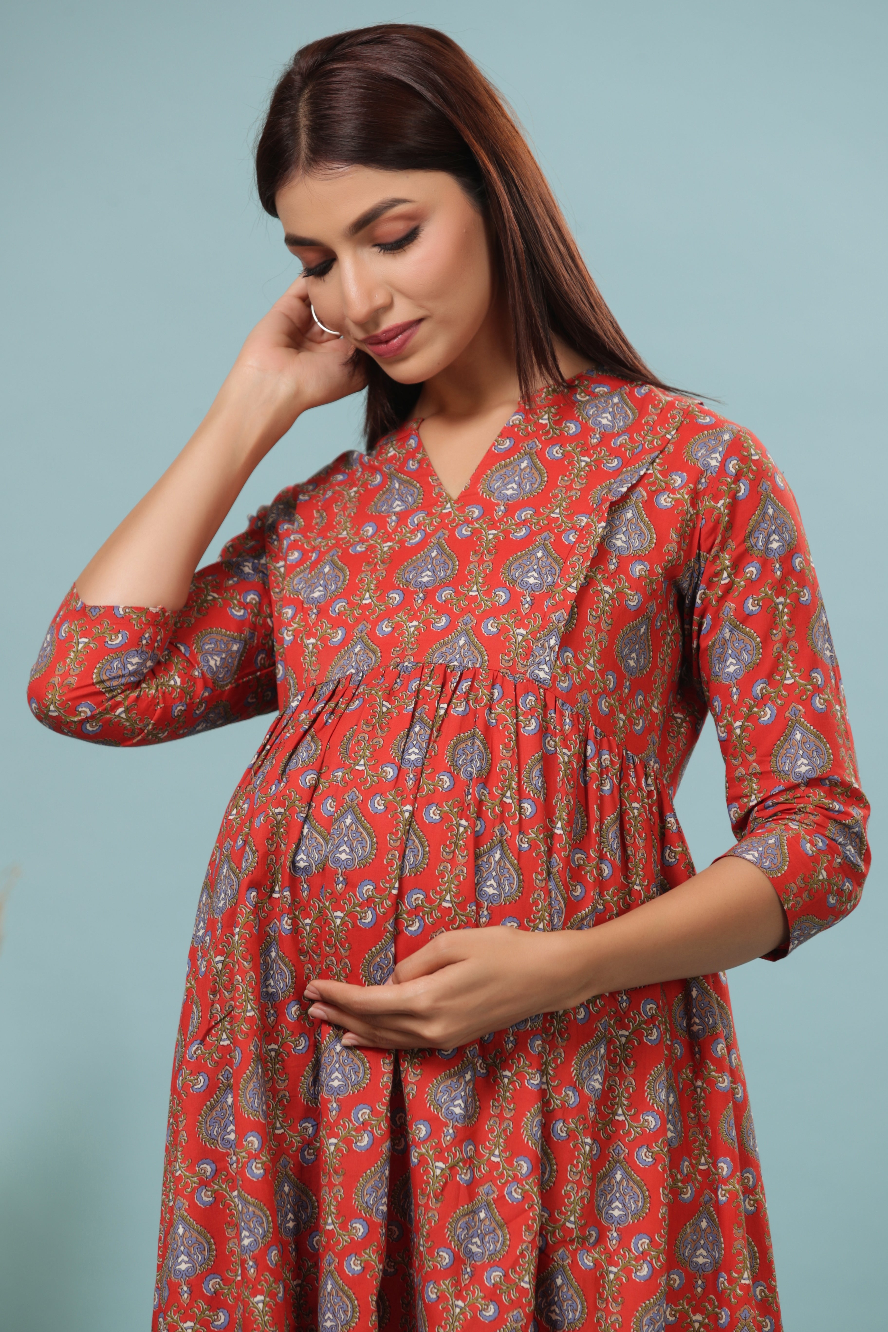 CRIMSON RED COTTON MATERNITY - NURSING DRESS