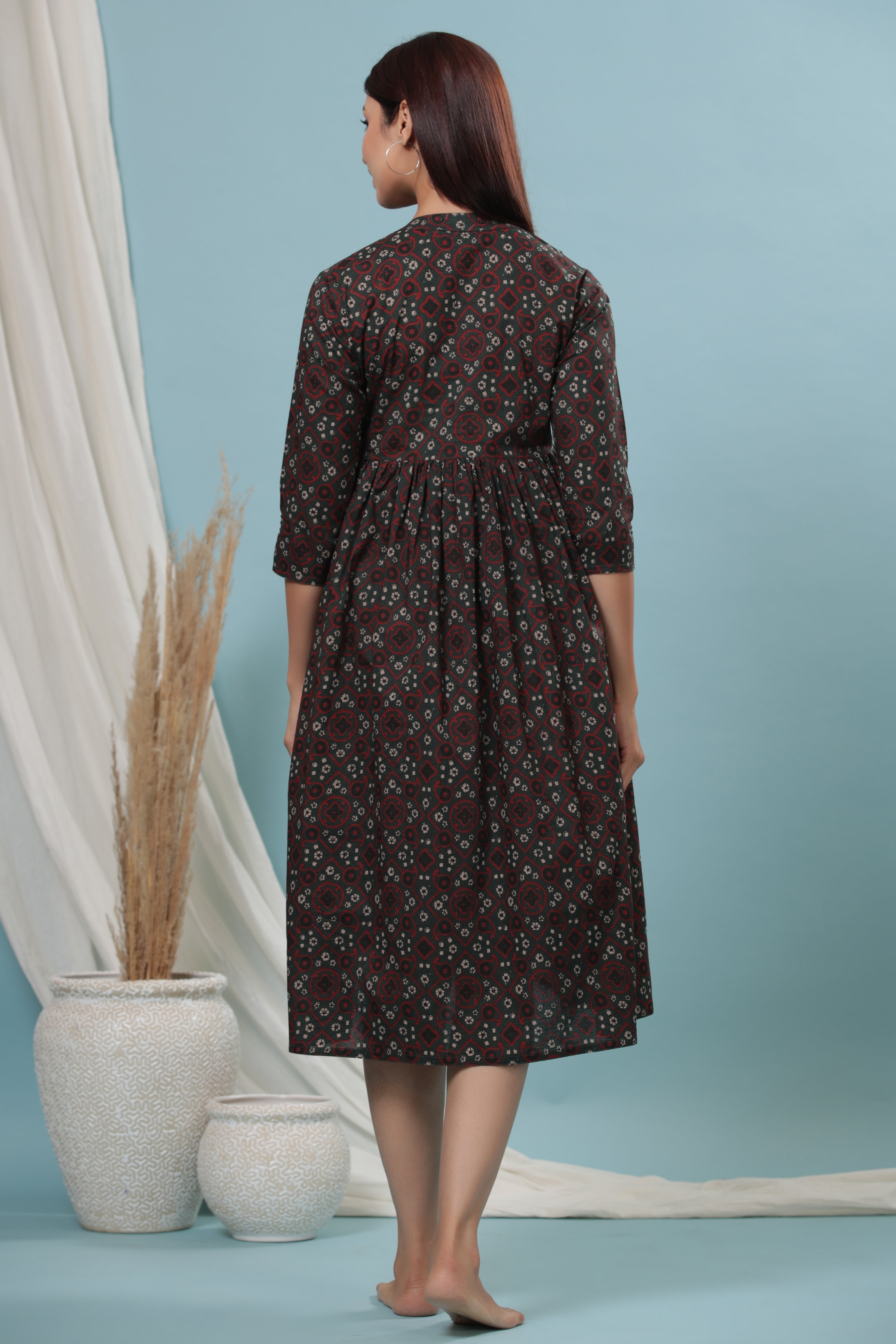 Seaweed Ajrakh Cotton Maternity - Nursing Dress