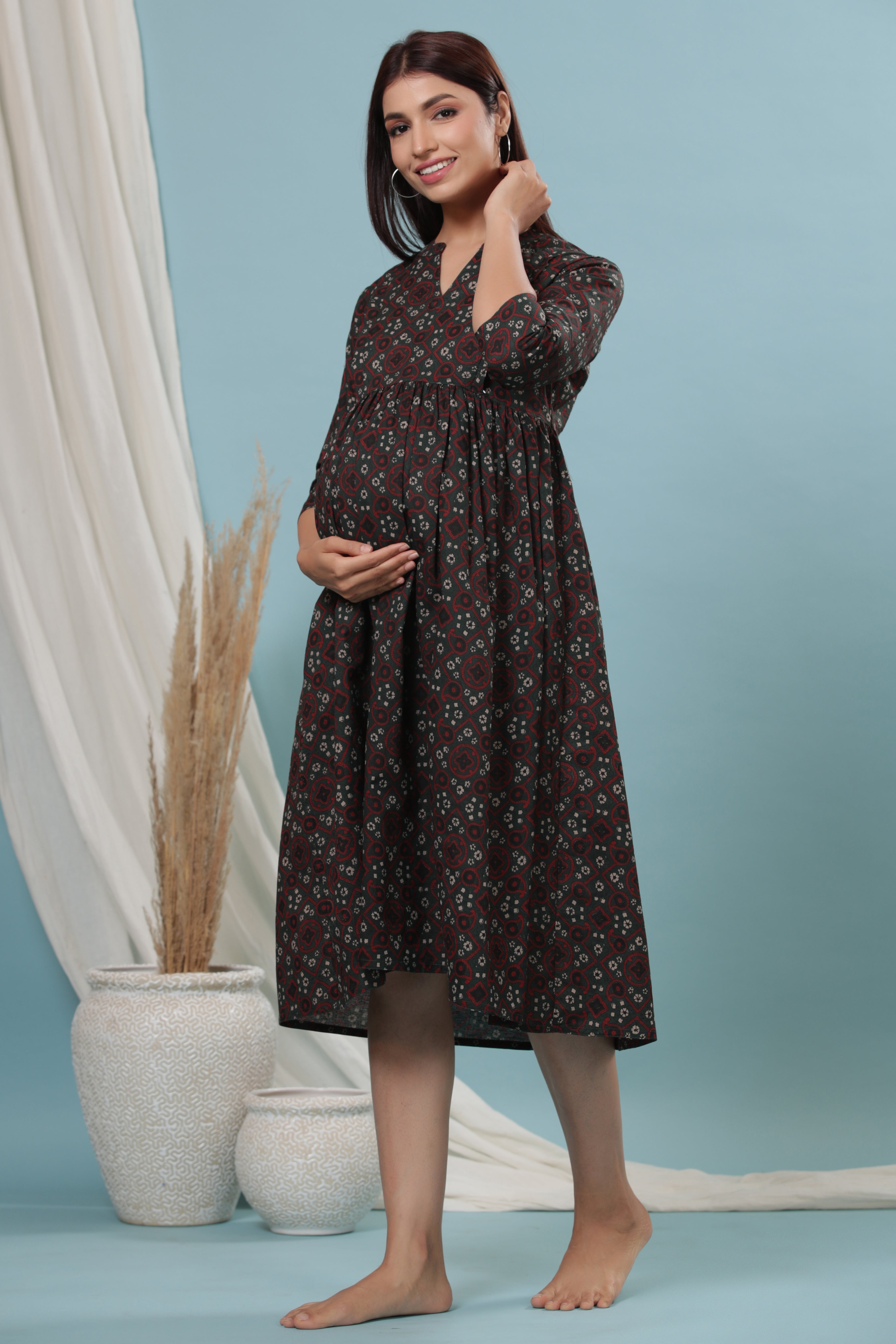 Seaweed Ajrakh Cotton Maternity - Nursing Dress
