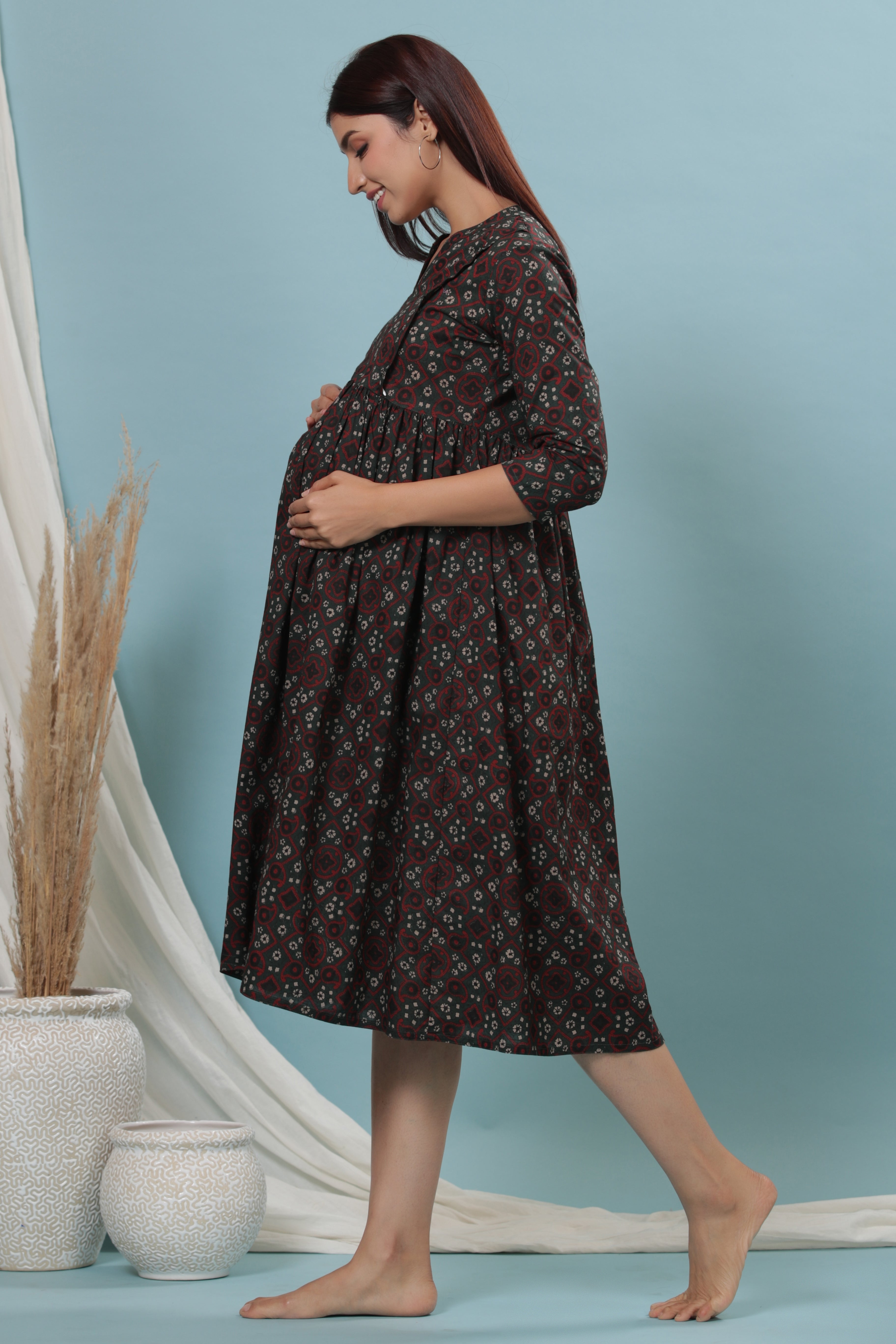 Seaweed Ajrakh Cotton Maternity - Nursing Dress