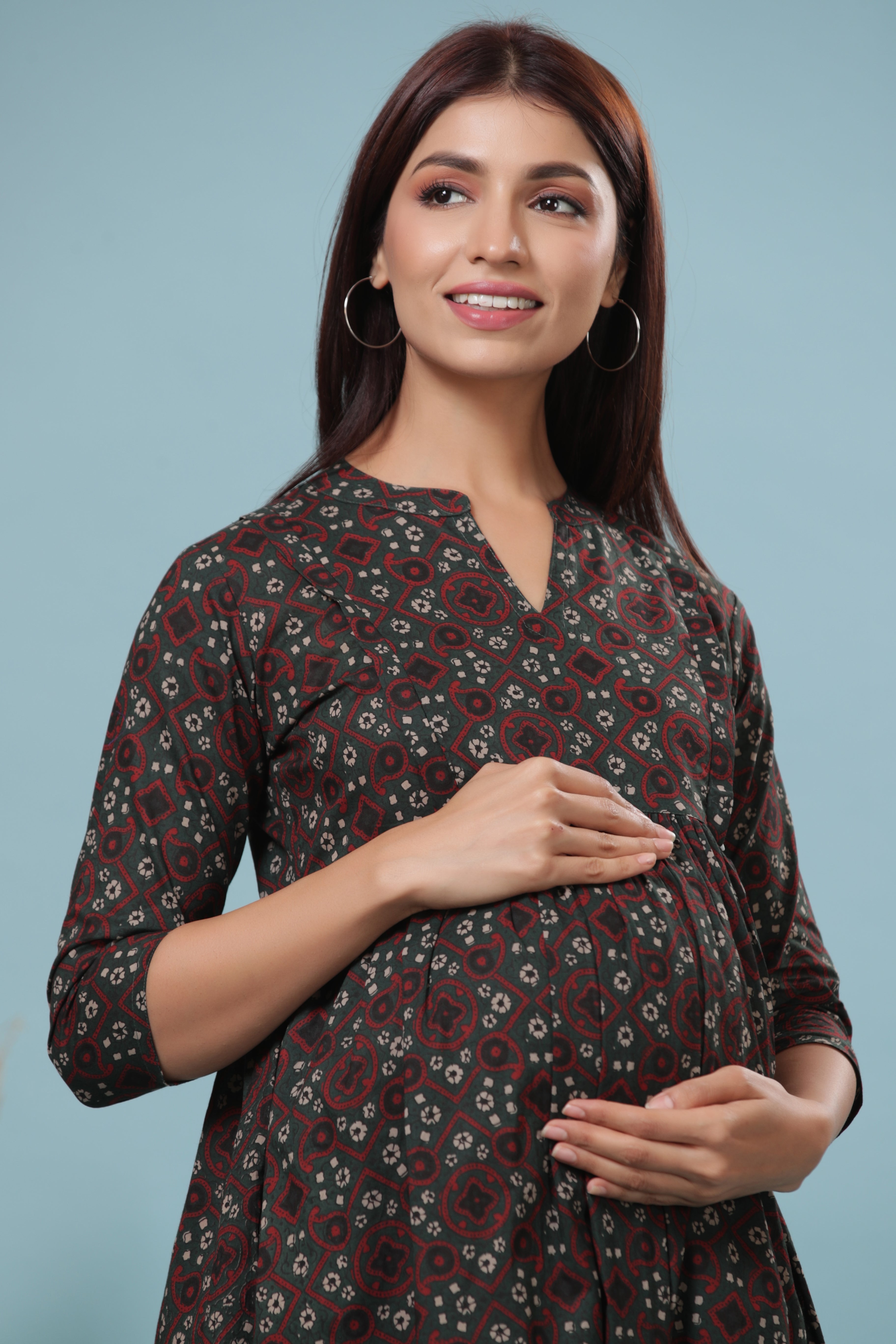 Seaweed Ajrakh Cotton Maternity - Nursing Dress