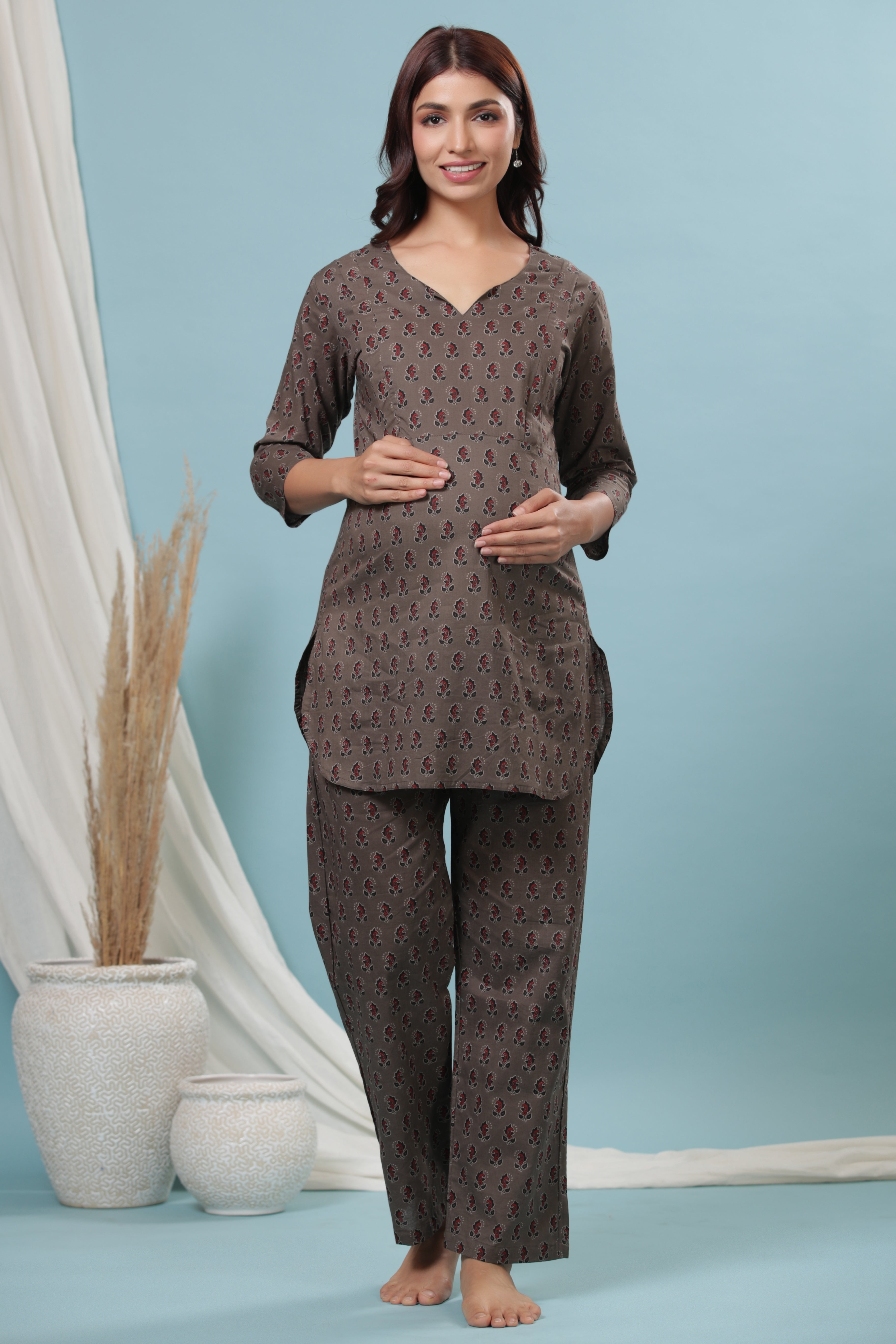 Intense Grey Booti Cotton Maternity - Nursing Co-ord Set