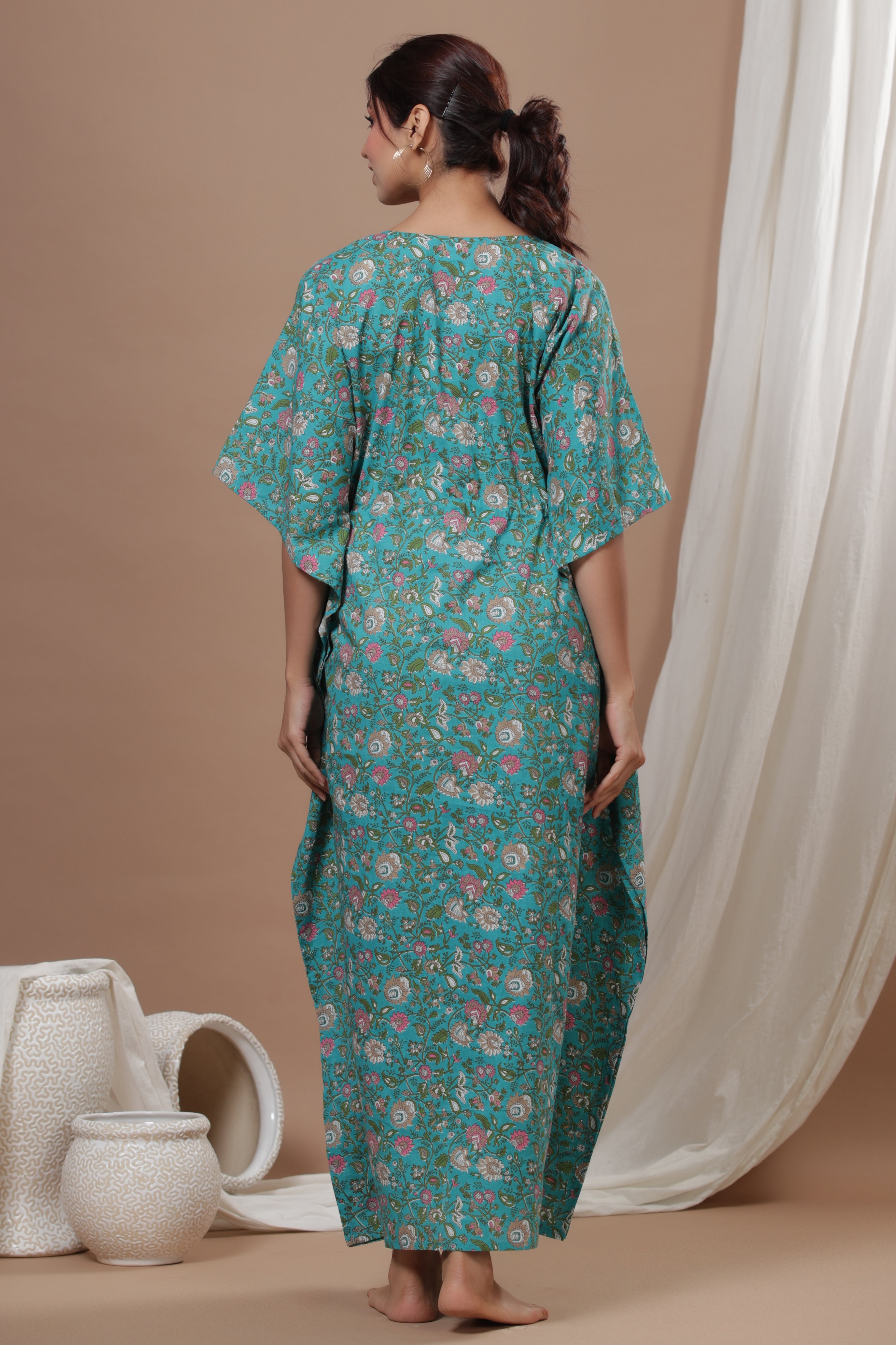Tiffany Blue Floral Cotton Maternity - Nursing Kaftan ( One-Size )