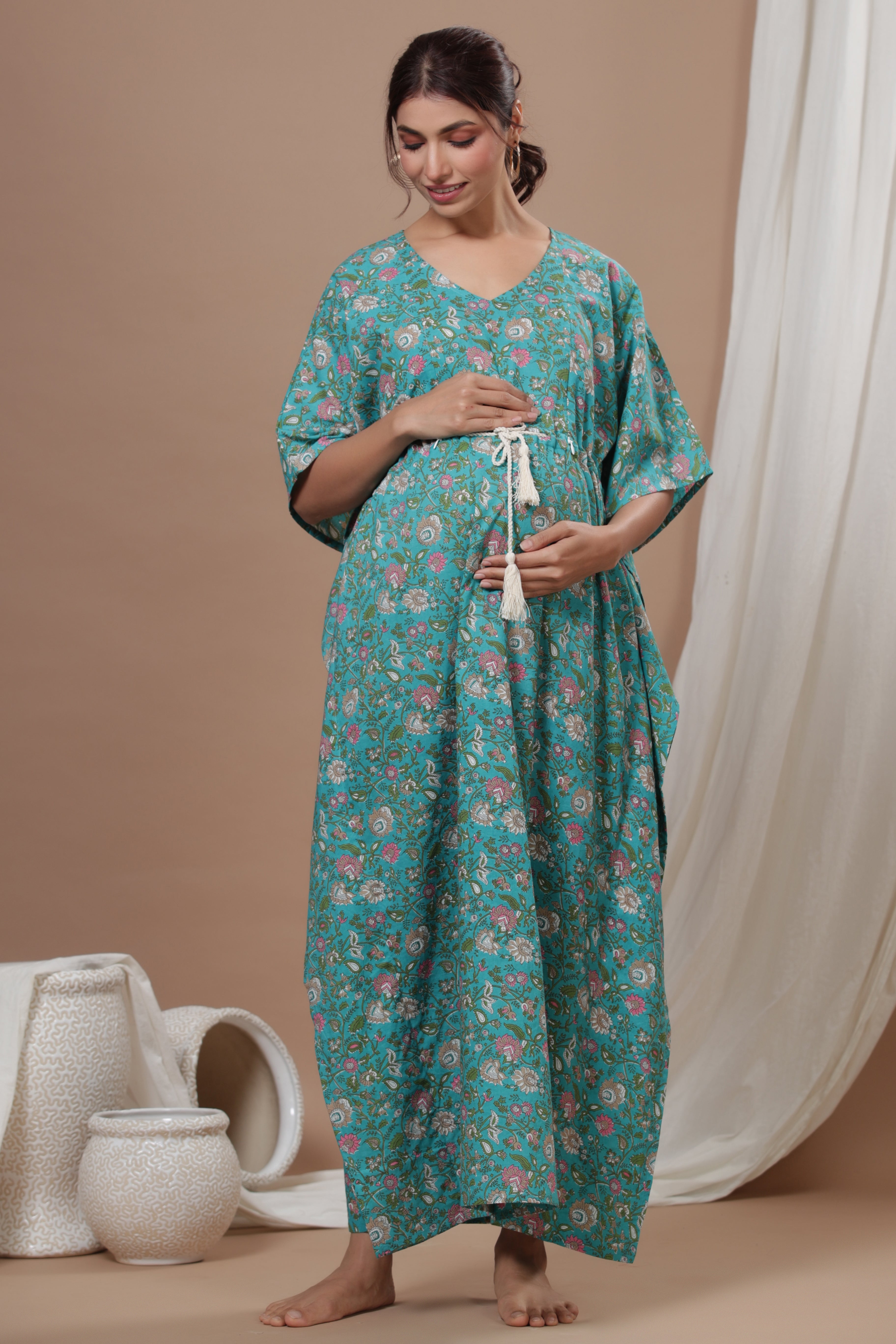 Tiffany Blue Floral Cotton Maternity - Nursing Kaftan ( One-Size )