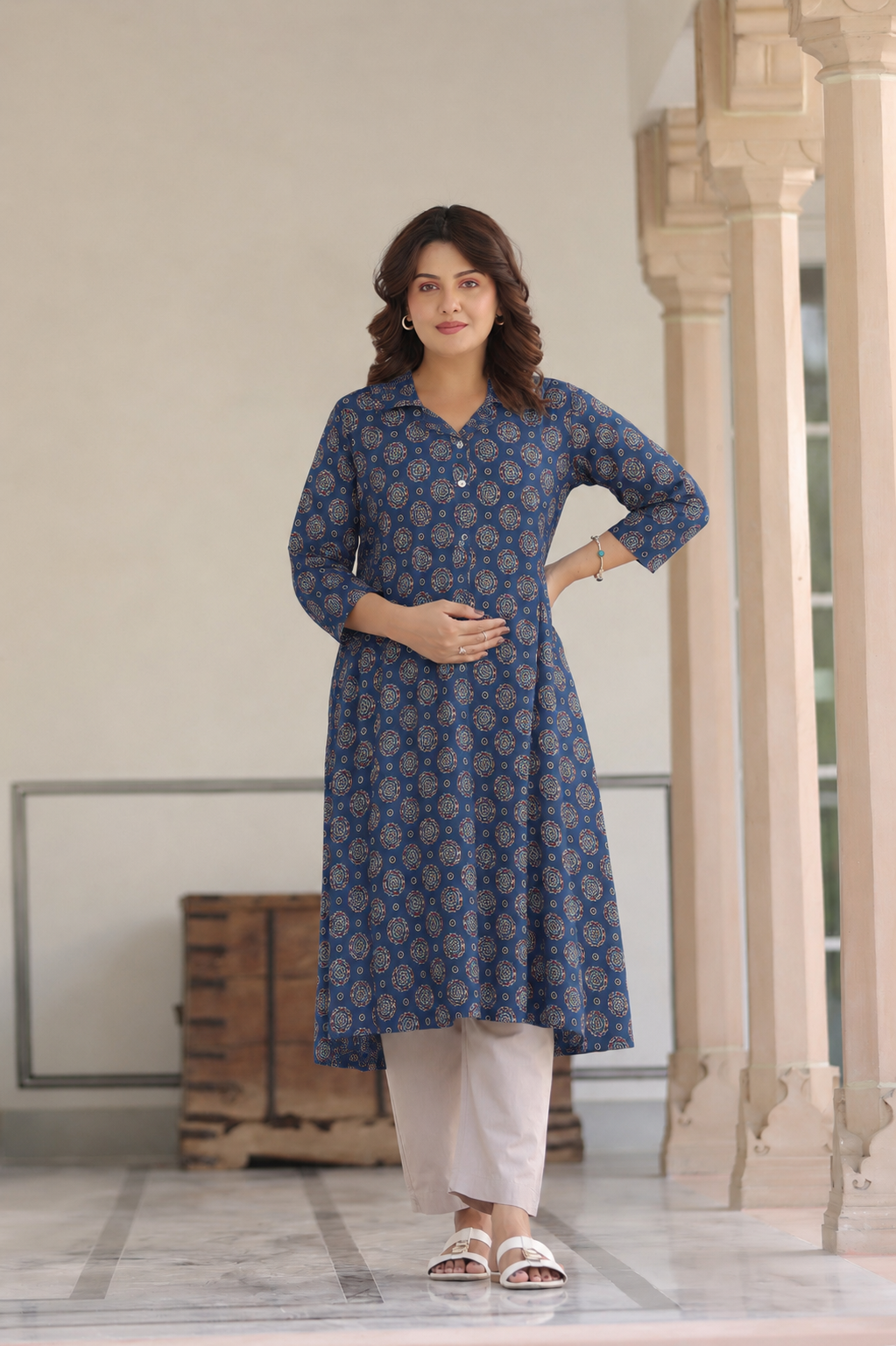 Indigo Mandala Bloom Cotton Maternity - Nursing Kurti