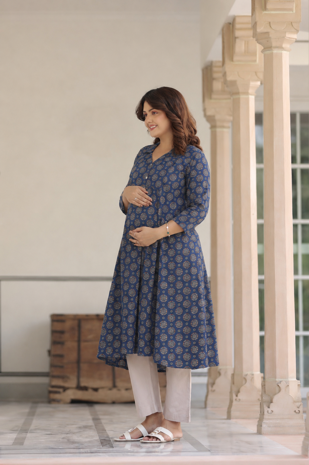 Indigo Mandala Bloom Cotton Maternity - Nursing Kurti