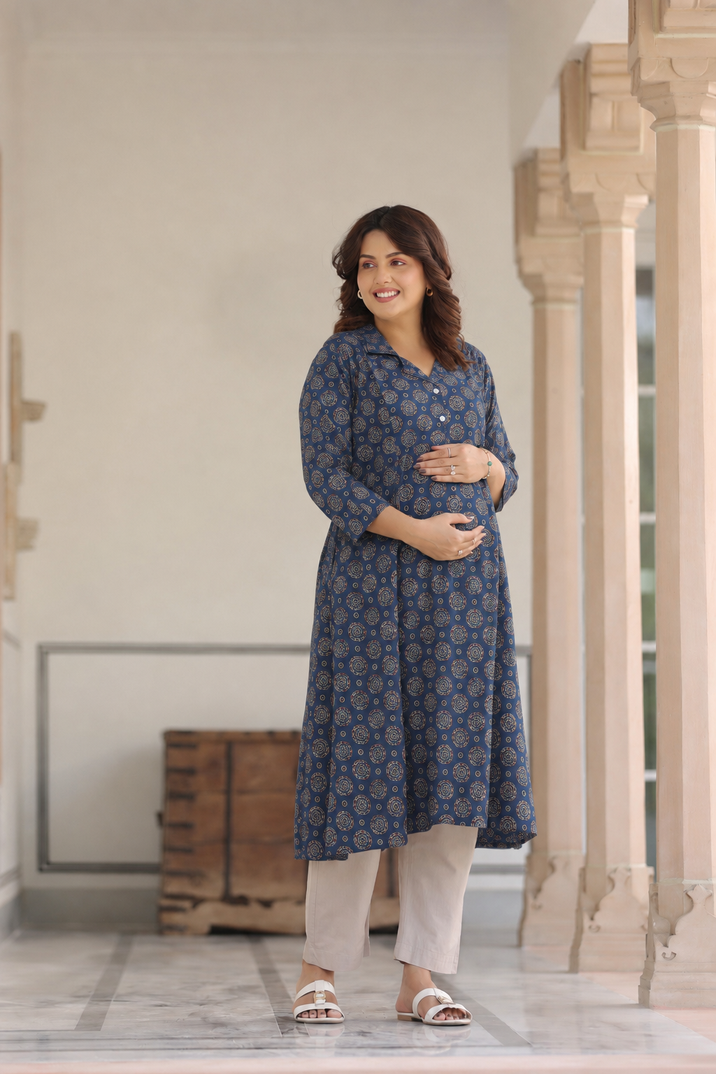 Indigo Mandala Bloom Cotton Maternity - Nursing Kurti
