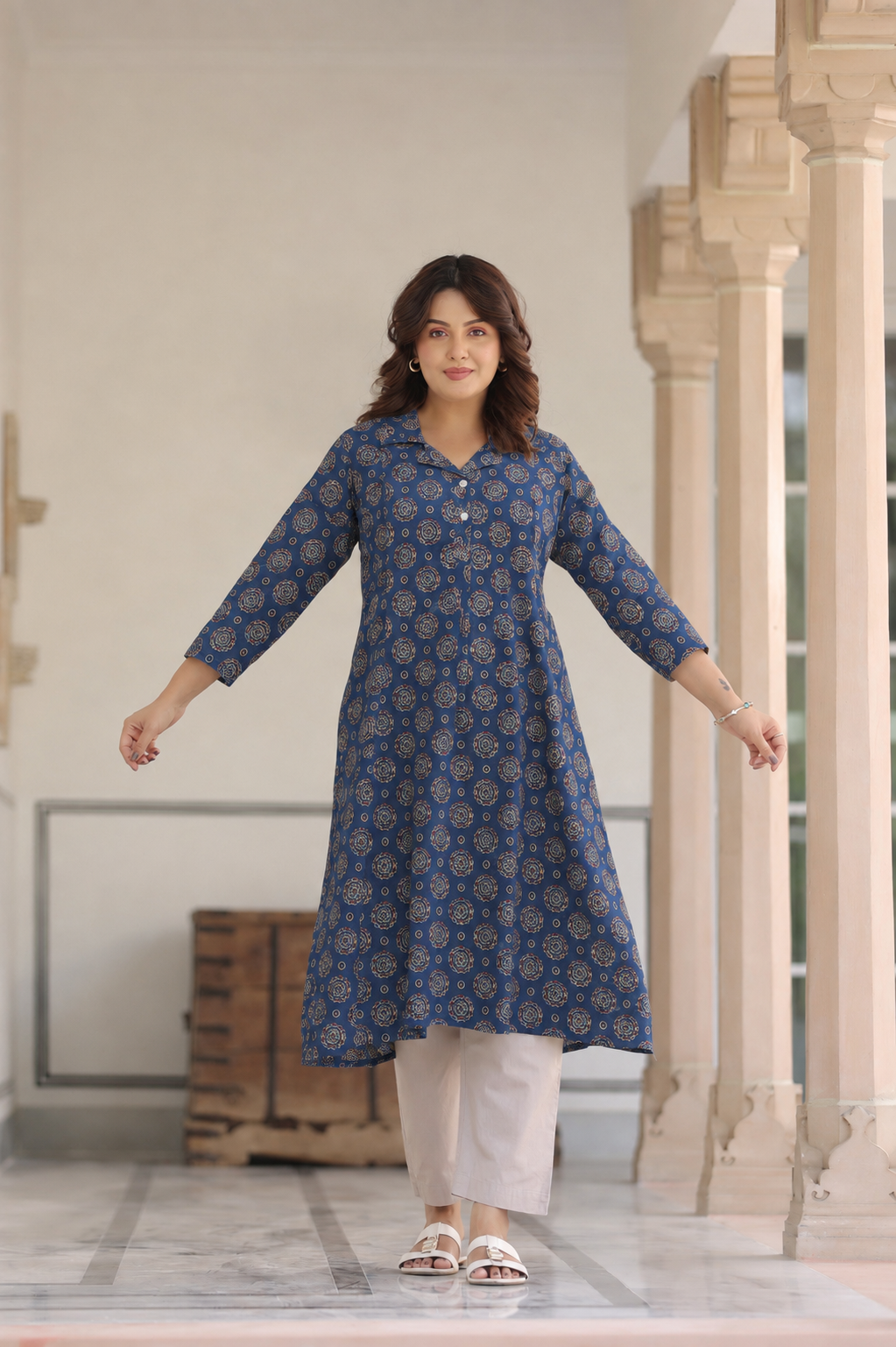 Indigo Mandala Bloom Cotton Maternity - Nursing Kurti