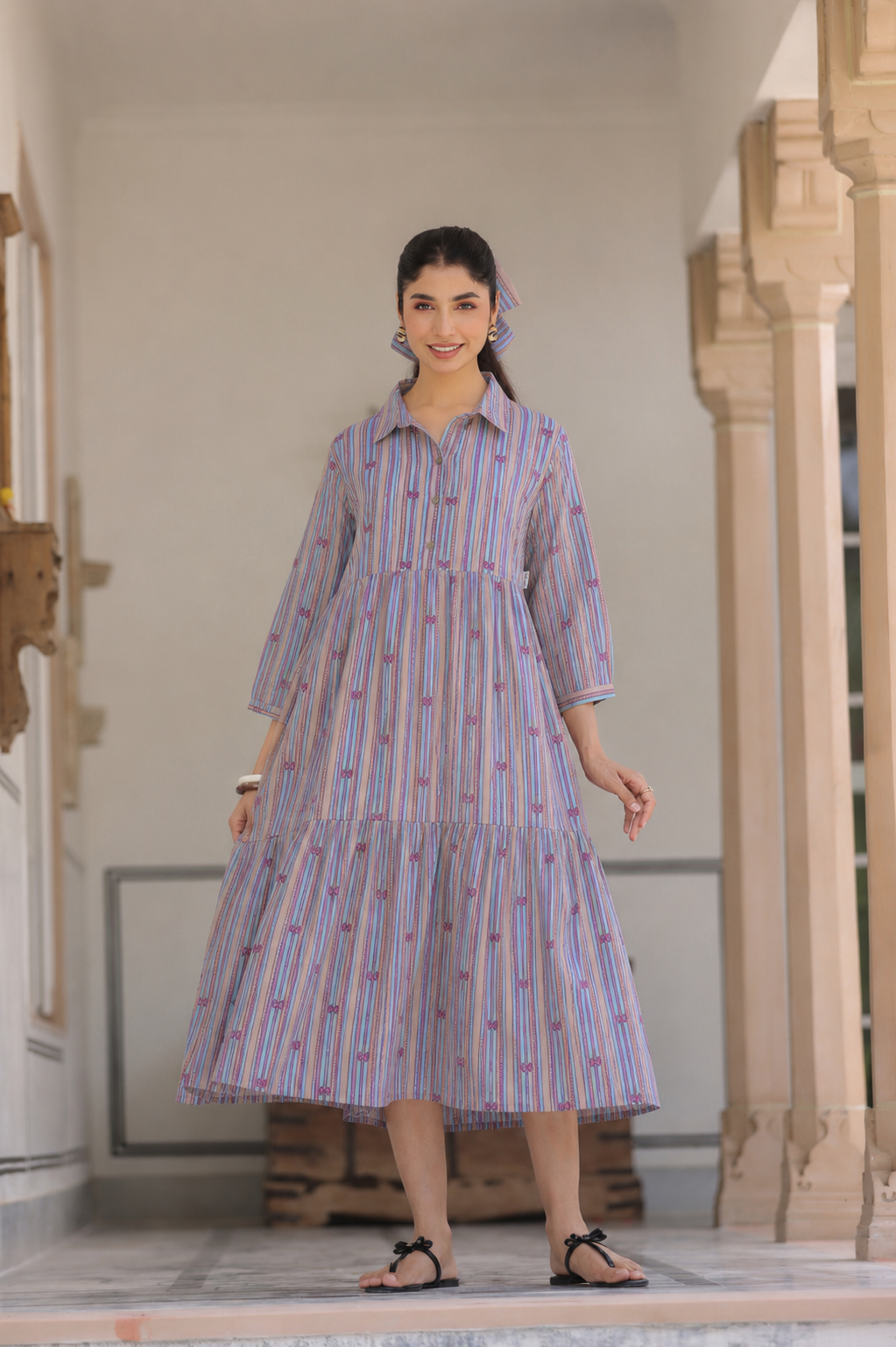 Azure Ajrakh Lines Cotton Maternity - Nursing Dress