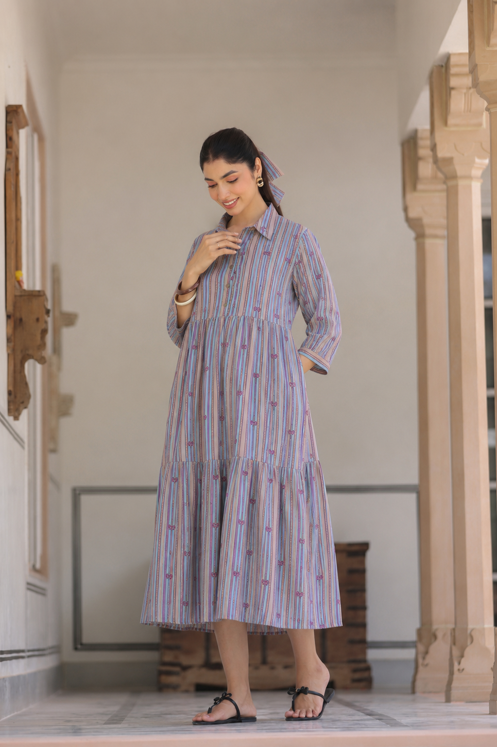 Azure Ajrakh Lines Cotton Maternity - Nursing Dress