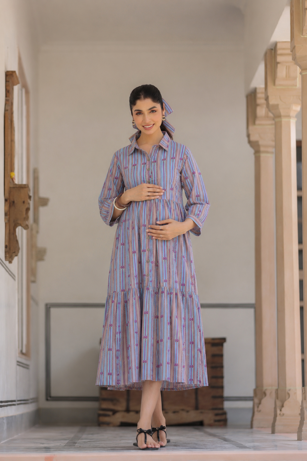 Azure Ajrakh Lines Cotton Maternity - Nursing Dress