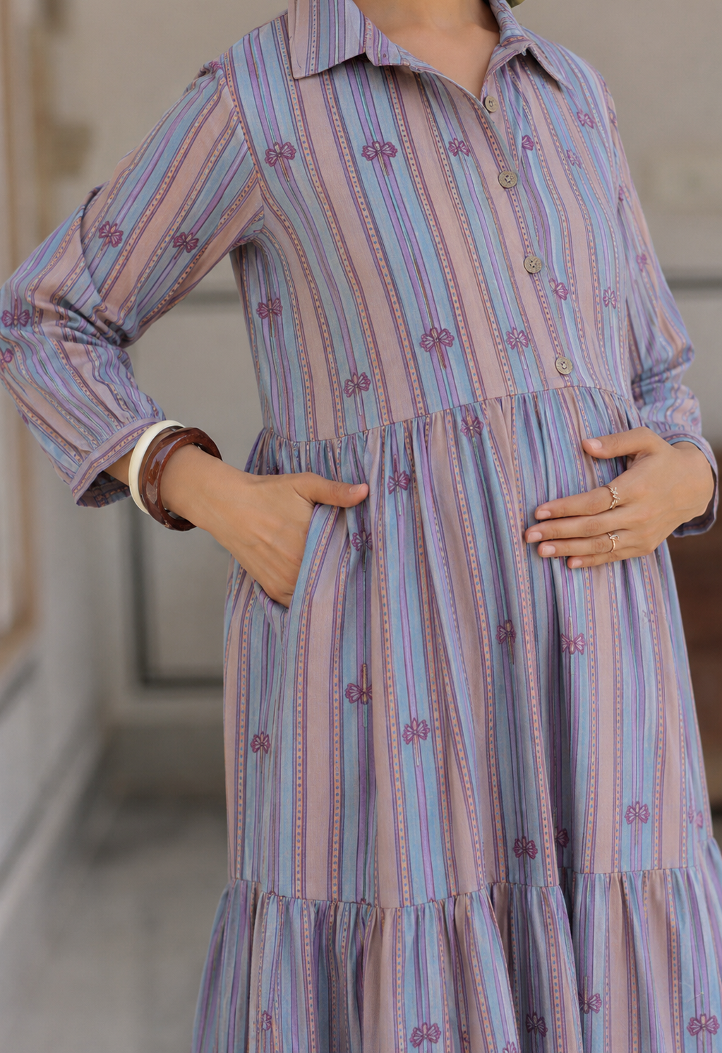 Azure Ajrakh Lines Cotton Maternity - Nursing Dress