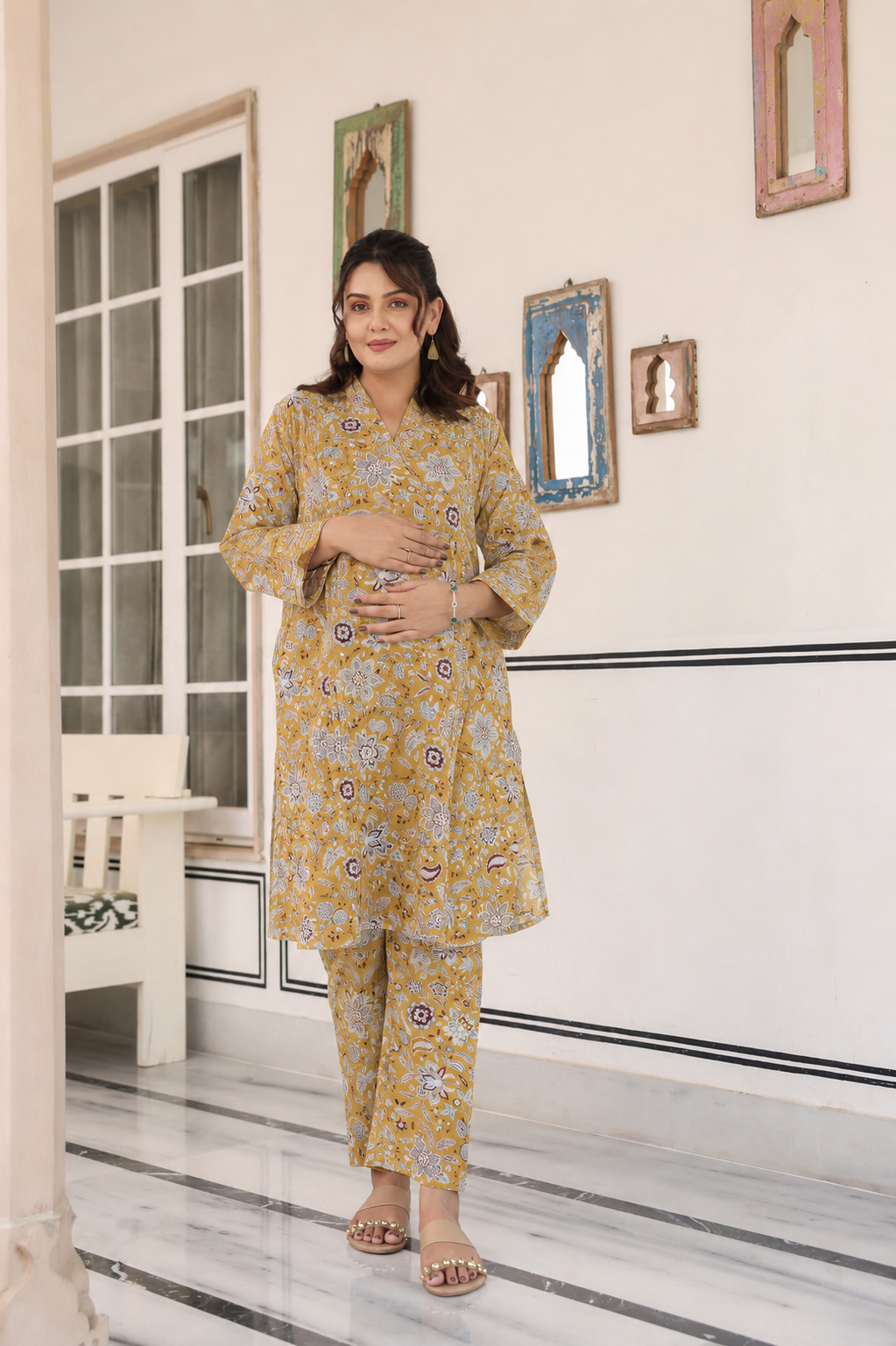 Golden Petals Cotton Maternity - Nursing Co-ord Set