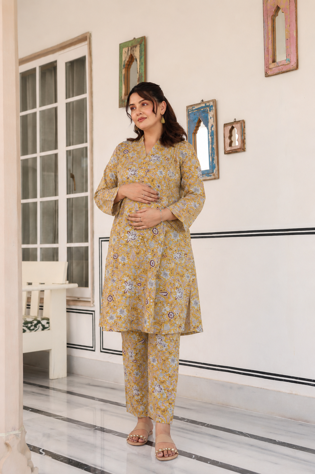 Golden Petals Cotton Maternity - Nursing Co-ord Set