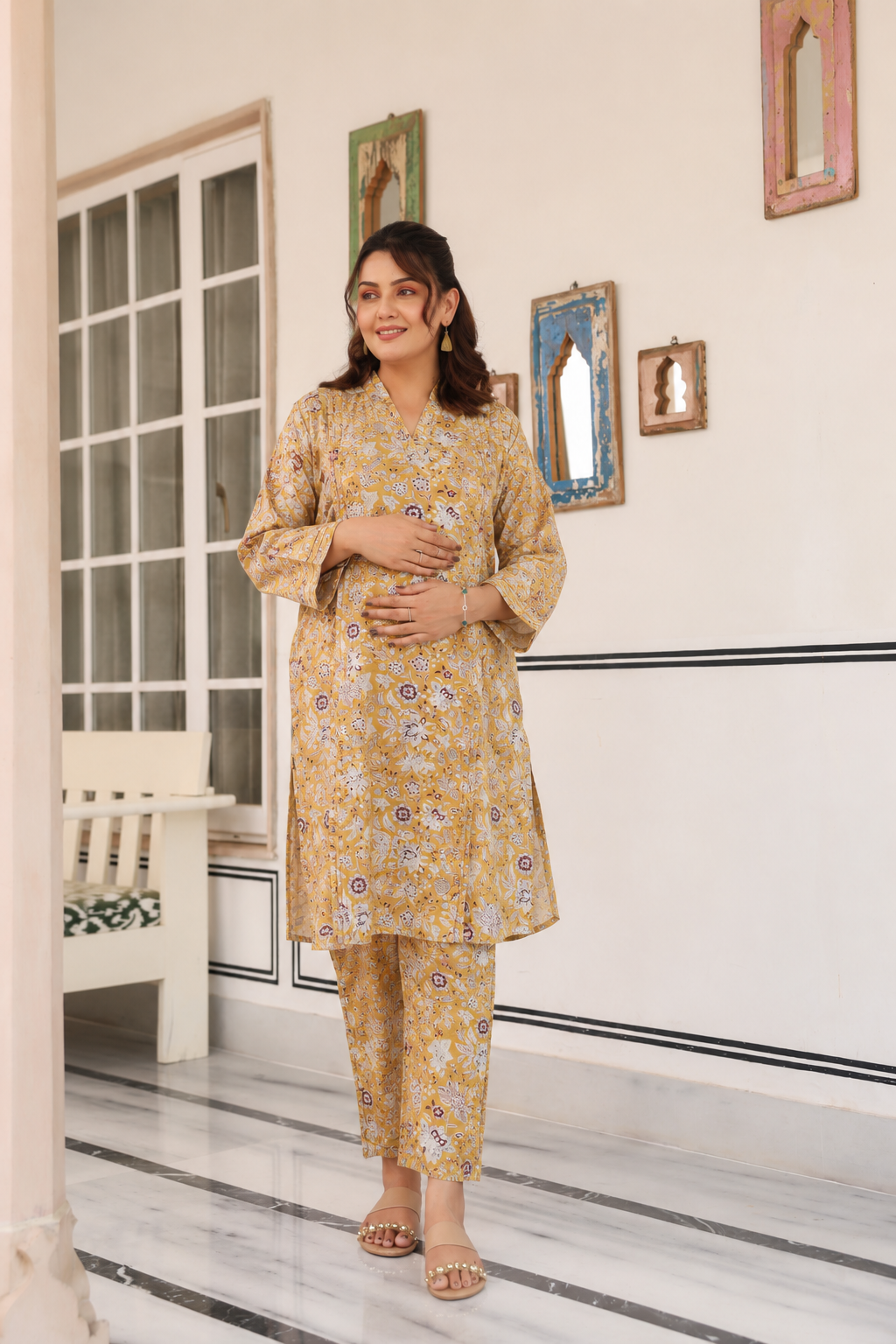 Golden Petals Cotton Maternity - Nursing Co-ord Set