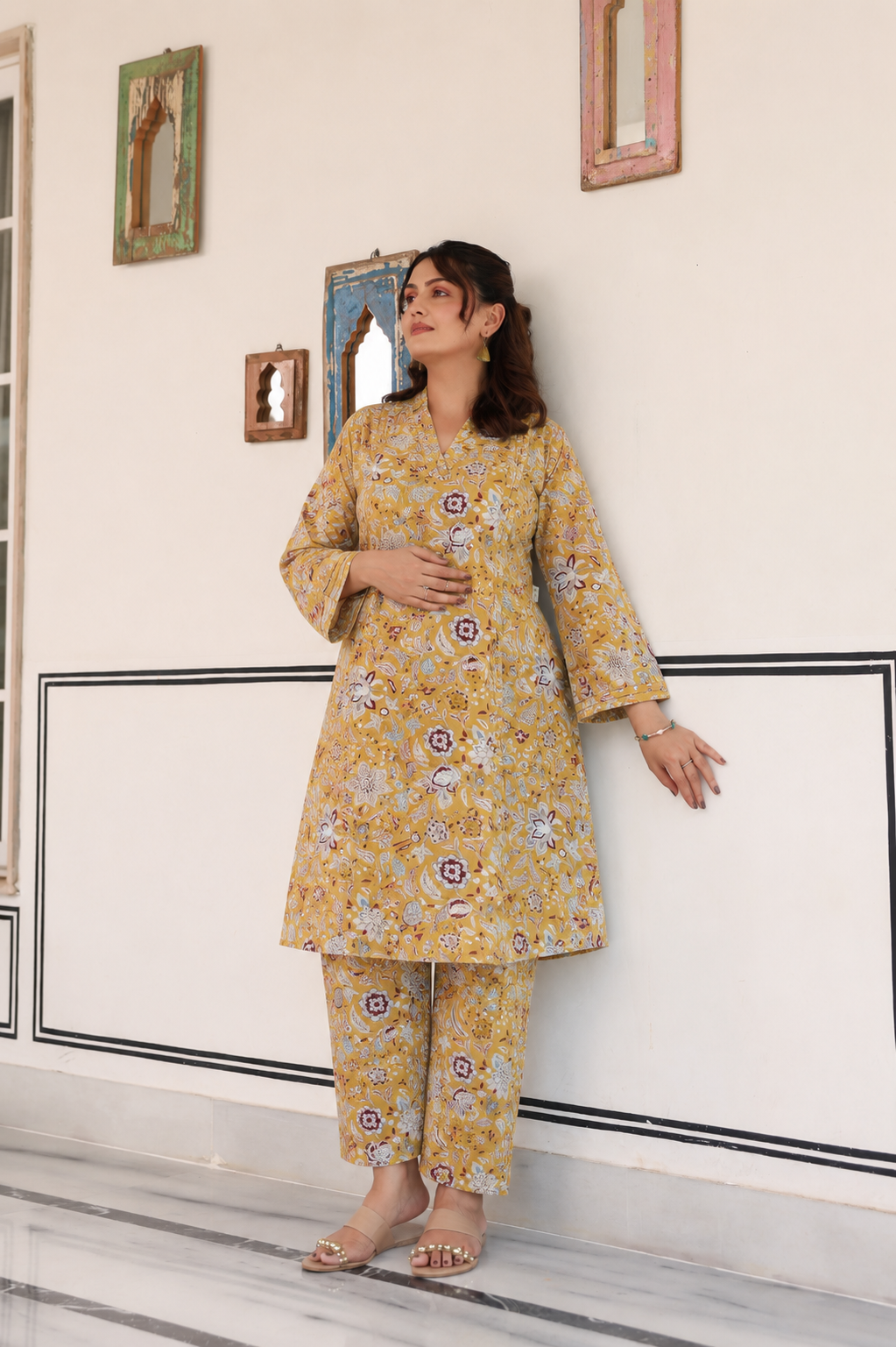 Golden Petals Cotton Maternity - Nursing Co-ord Set