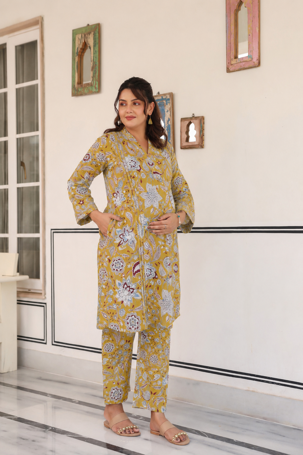 Golden Petals Cotton Maternity - Nursing Co-ord Set