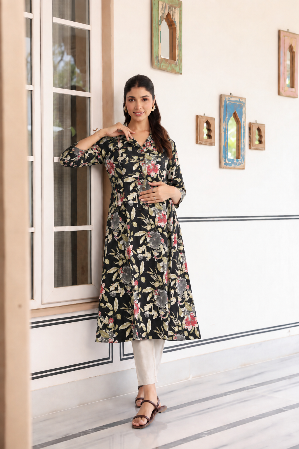 Black Garden Bloom Cotton Maternity - Nursing Kurti