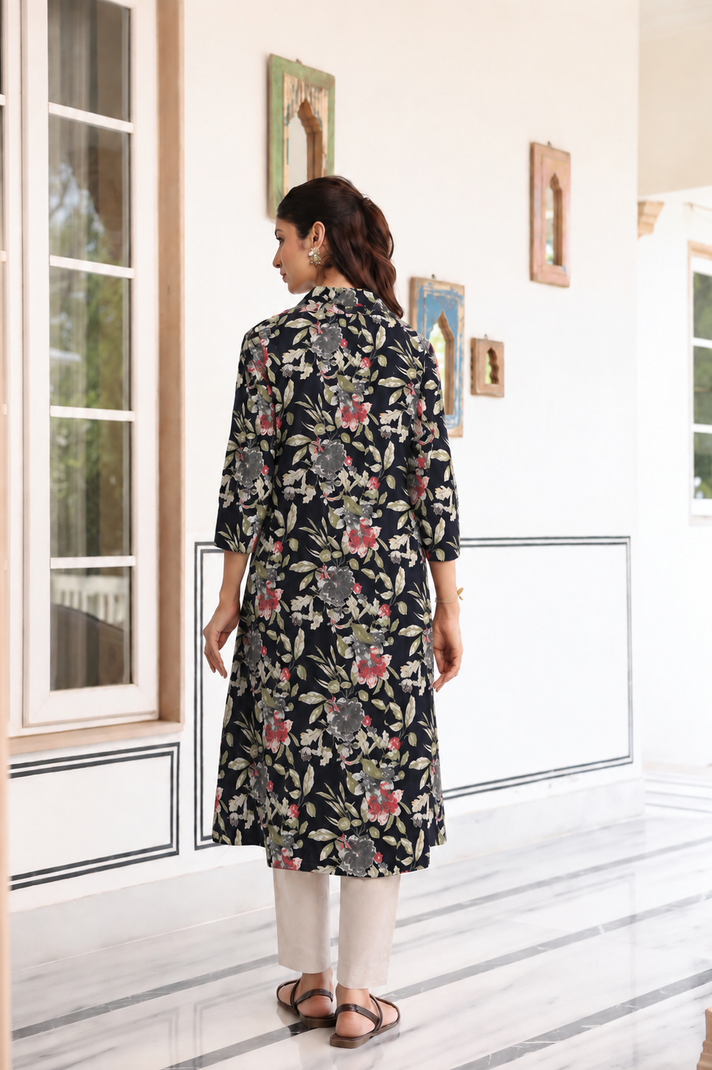 Black Garden Bloom Cotton Maternity - Nursing Kurti